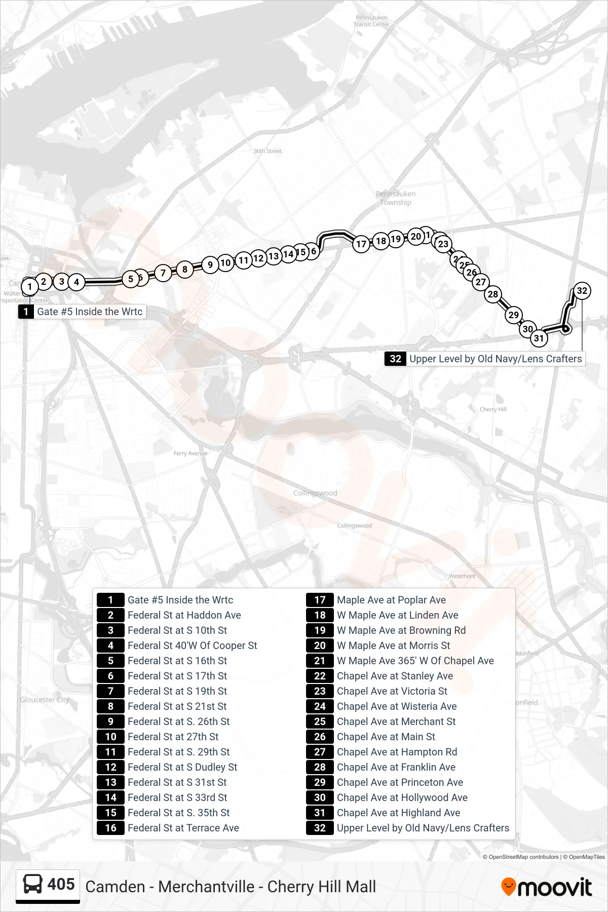 405 bus Line (Cherry Hill Mall) route and stops on a map