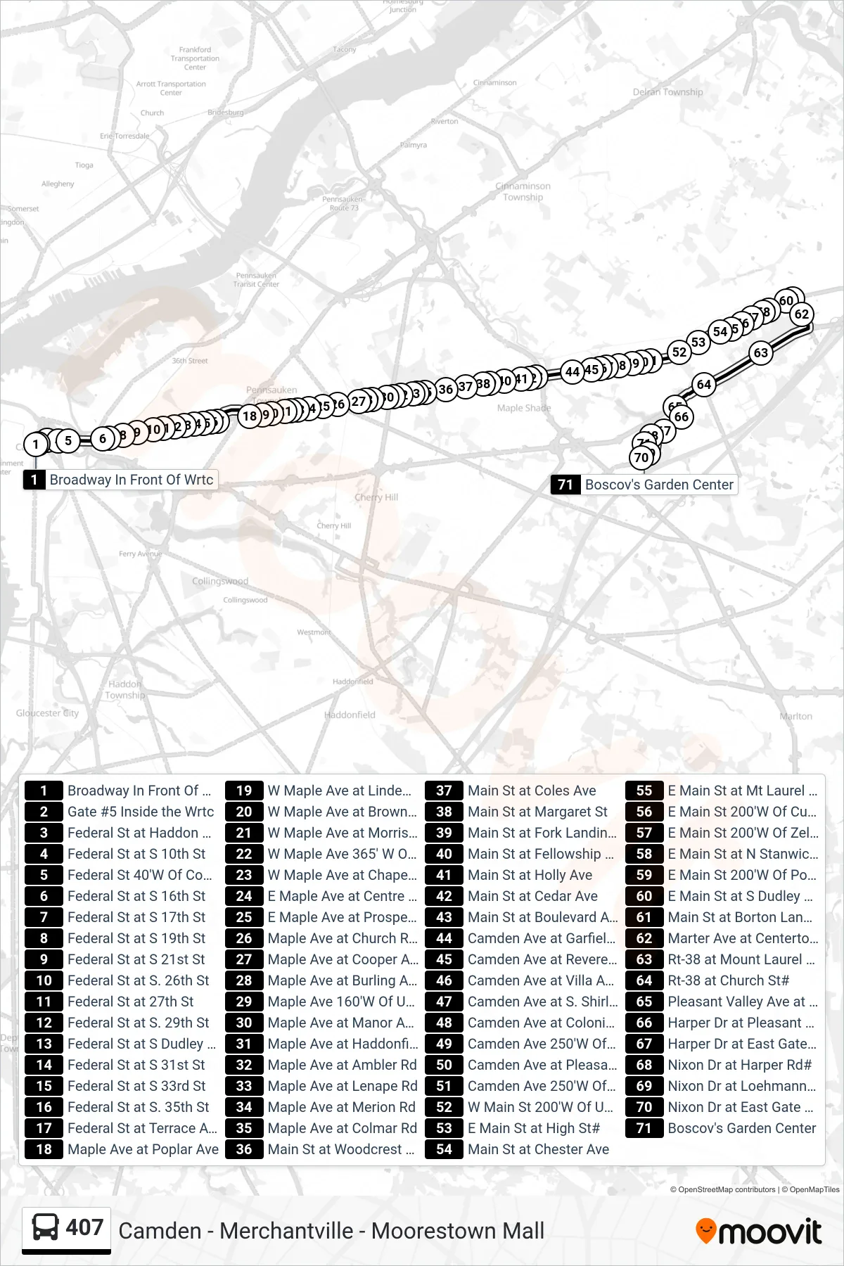 407 bus Line (Moorestown Mall) route and stops on a map