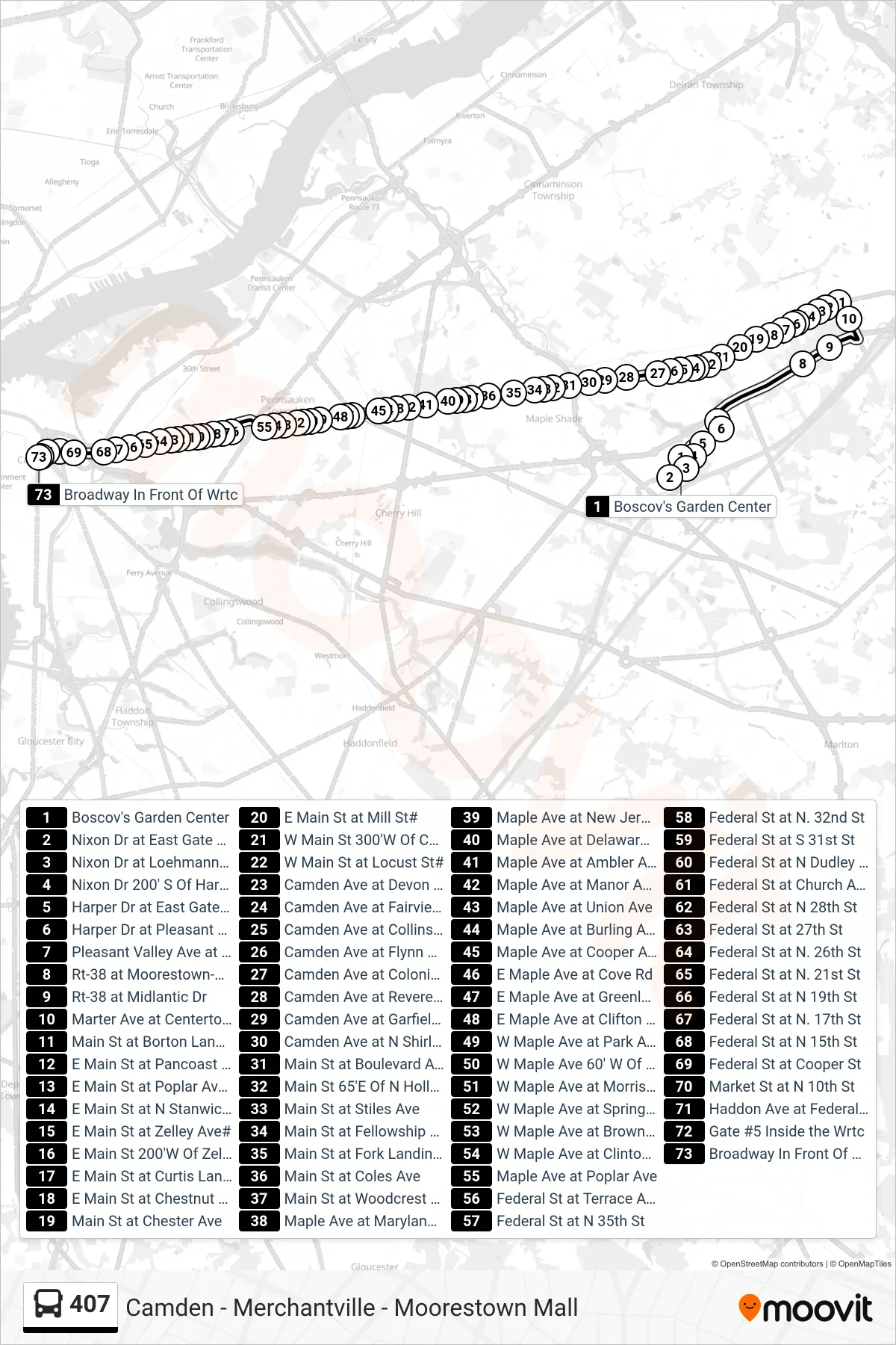 407 bus Line (Camden Wrtc) route and stops on a map