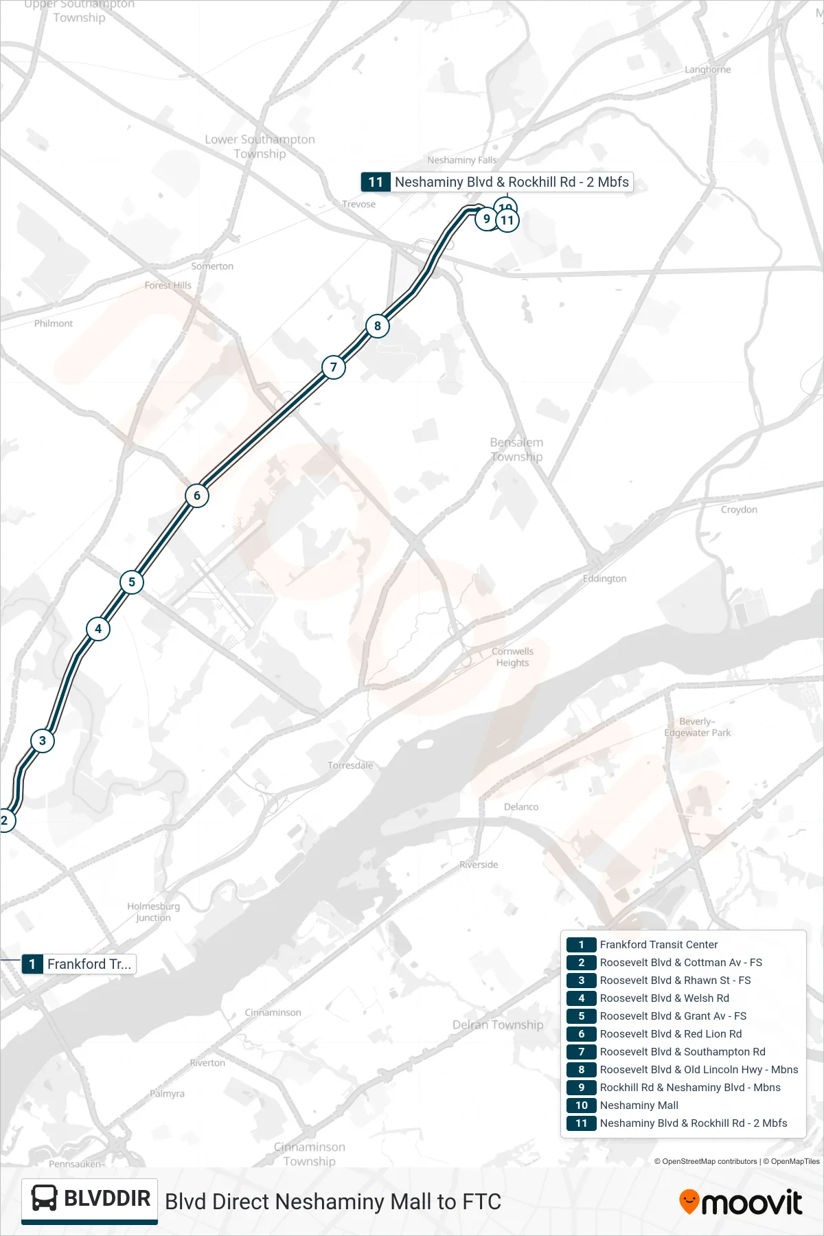 BLVDDIR bus Line (Neshaminy Mall) route and stops on a map
