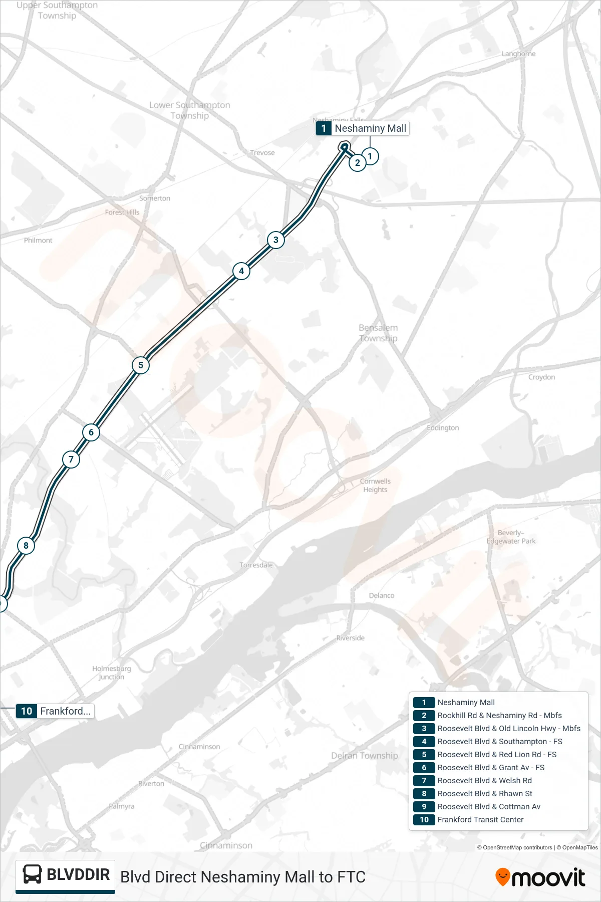 BLVDDIR bus Line (Frankford Transit Center) route and stops on a map