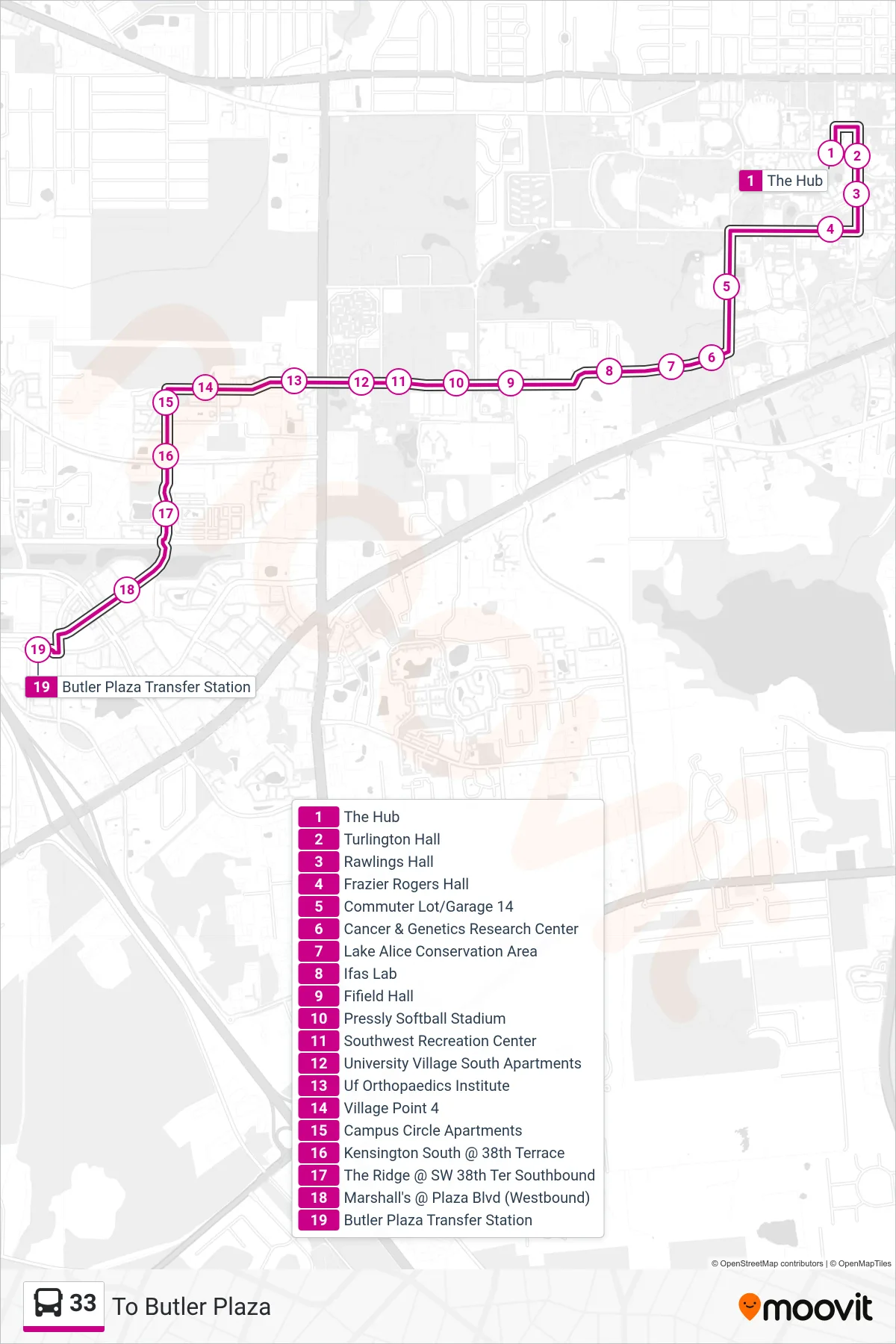 33 bus Line (To Butler Plaza) route and stops on a map