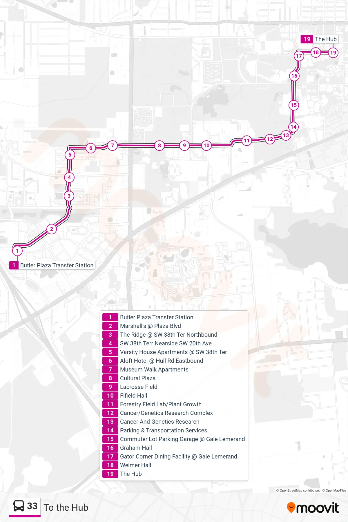 33 bus Line (To the Hub) route and stops on a map