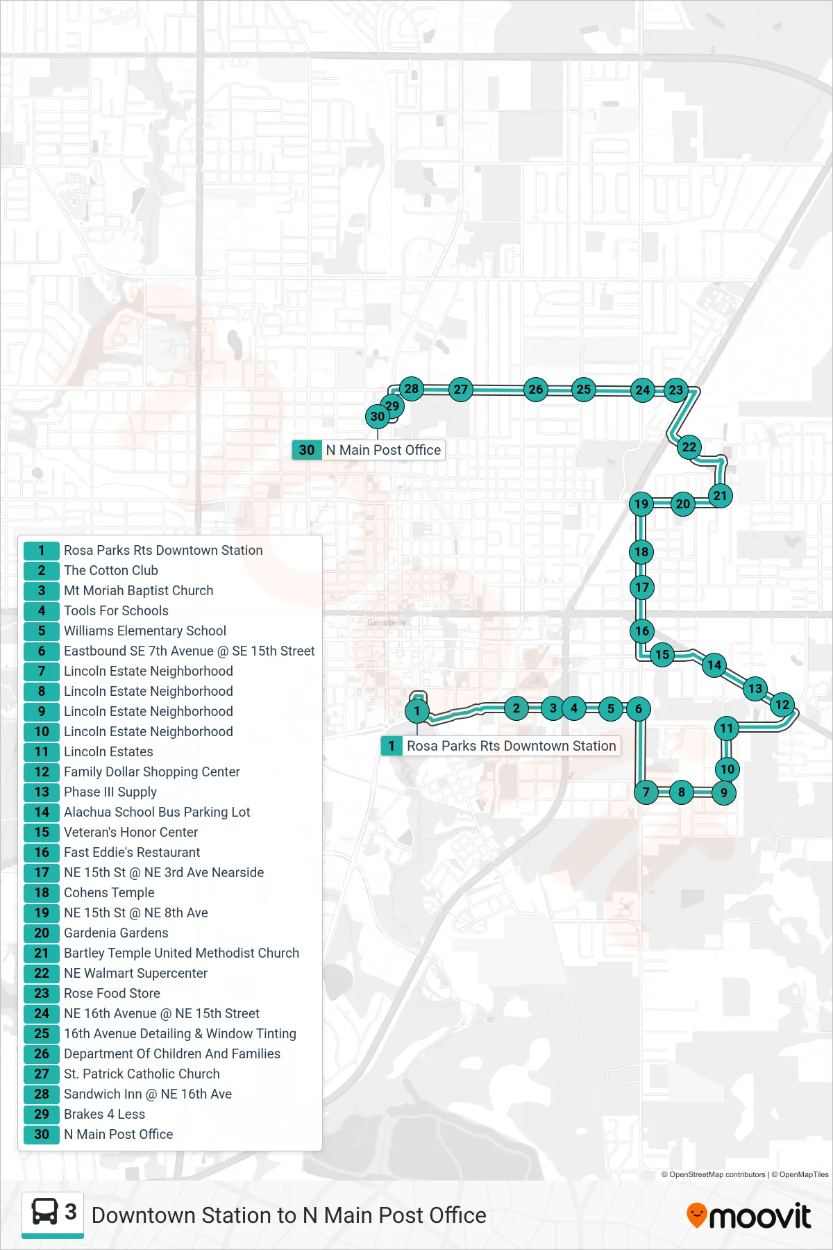 3 bus Line (To Post Office) route and stops on a map
