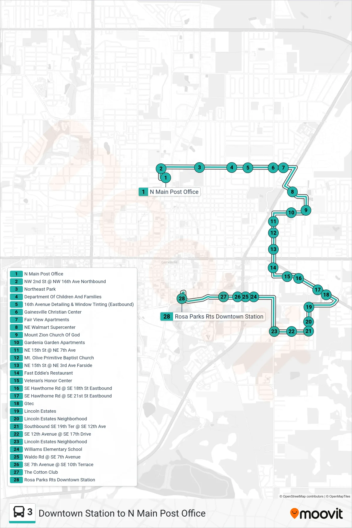 3 bus Line (To Downtown Station) route and stops on a map