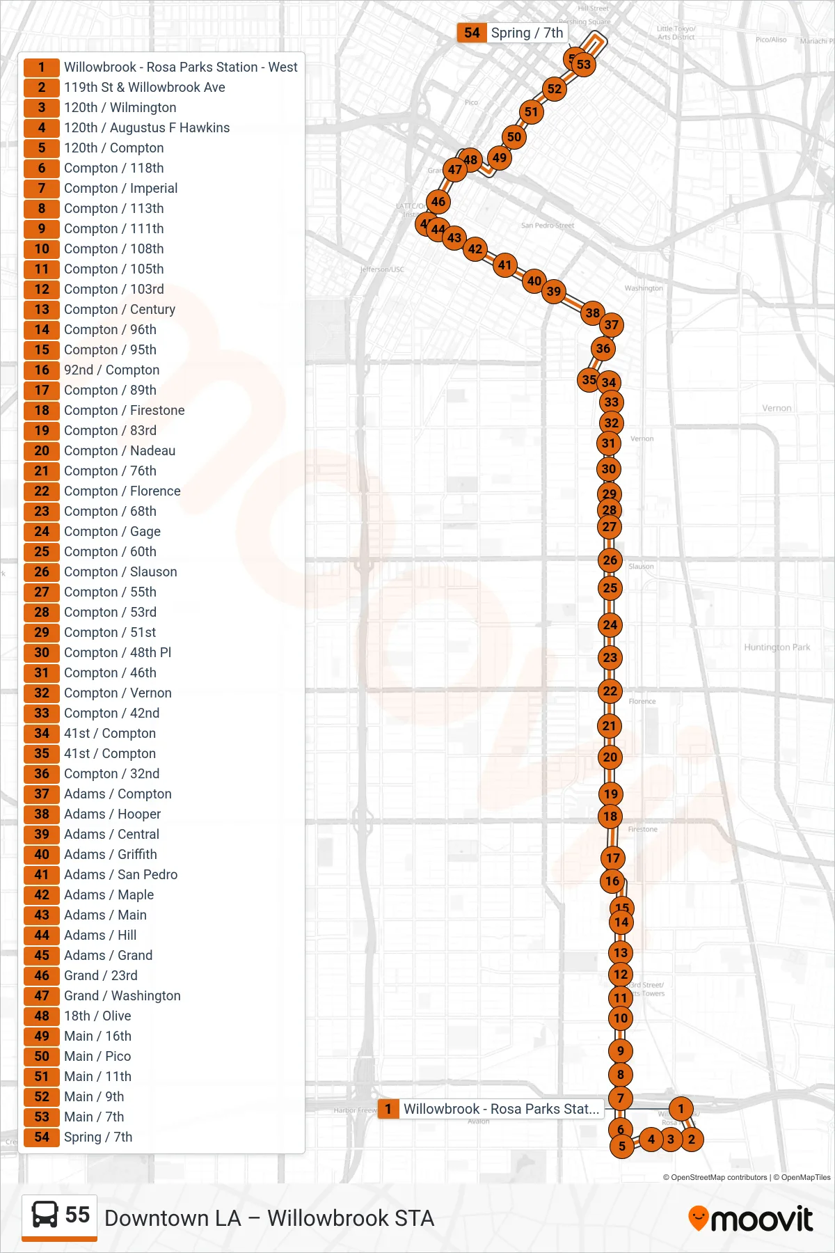 Roat Map Route Map - 55 - Downtown La - Spring - 7th - Stops