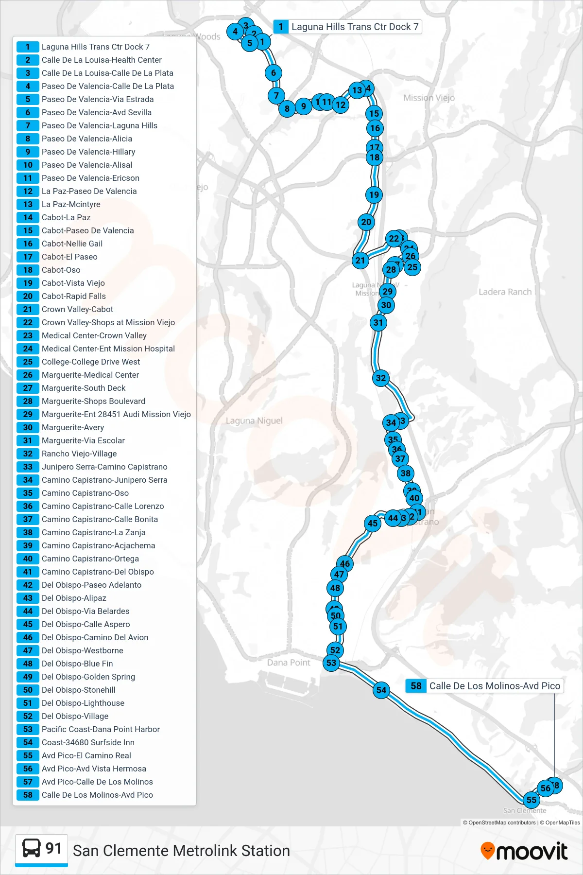 Roat Map Route Map - 91 - San Clemente Metrolink Station - Stops