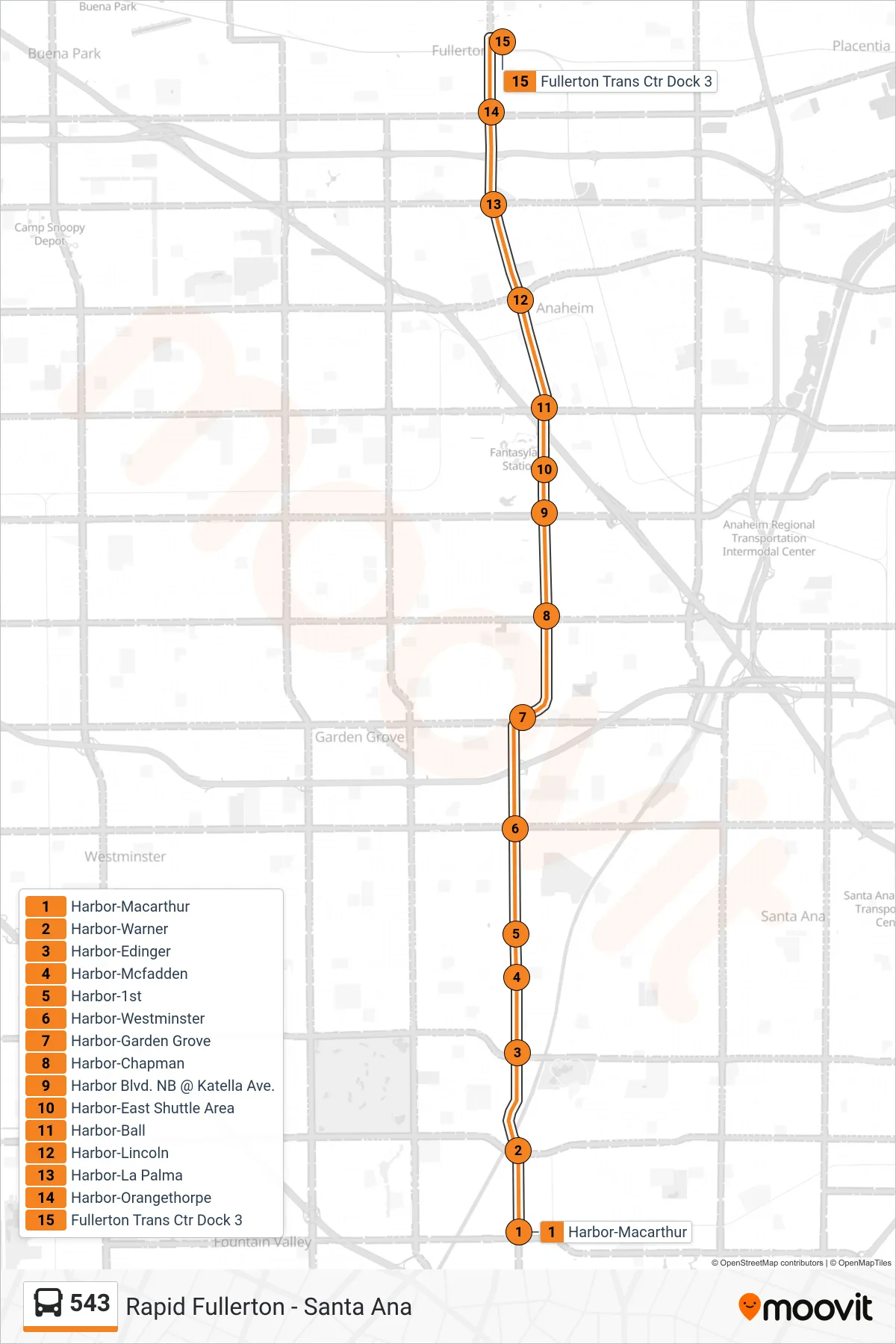 Roat Map Route Map - 543 - Fullerton Transp Center - Stops