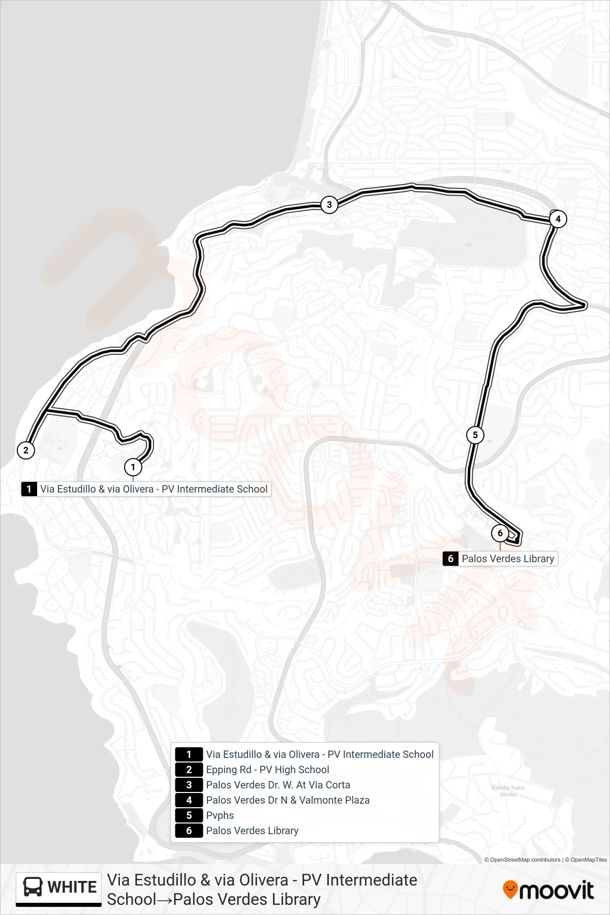 WHITE bus Line (Via Estudillo & via Olivera - PV Intermediate School‎→Palos Verdes Library) route and stops on a map