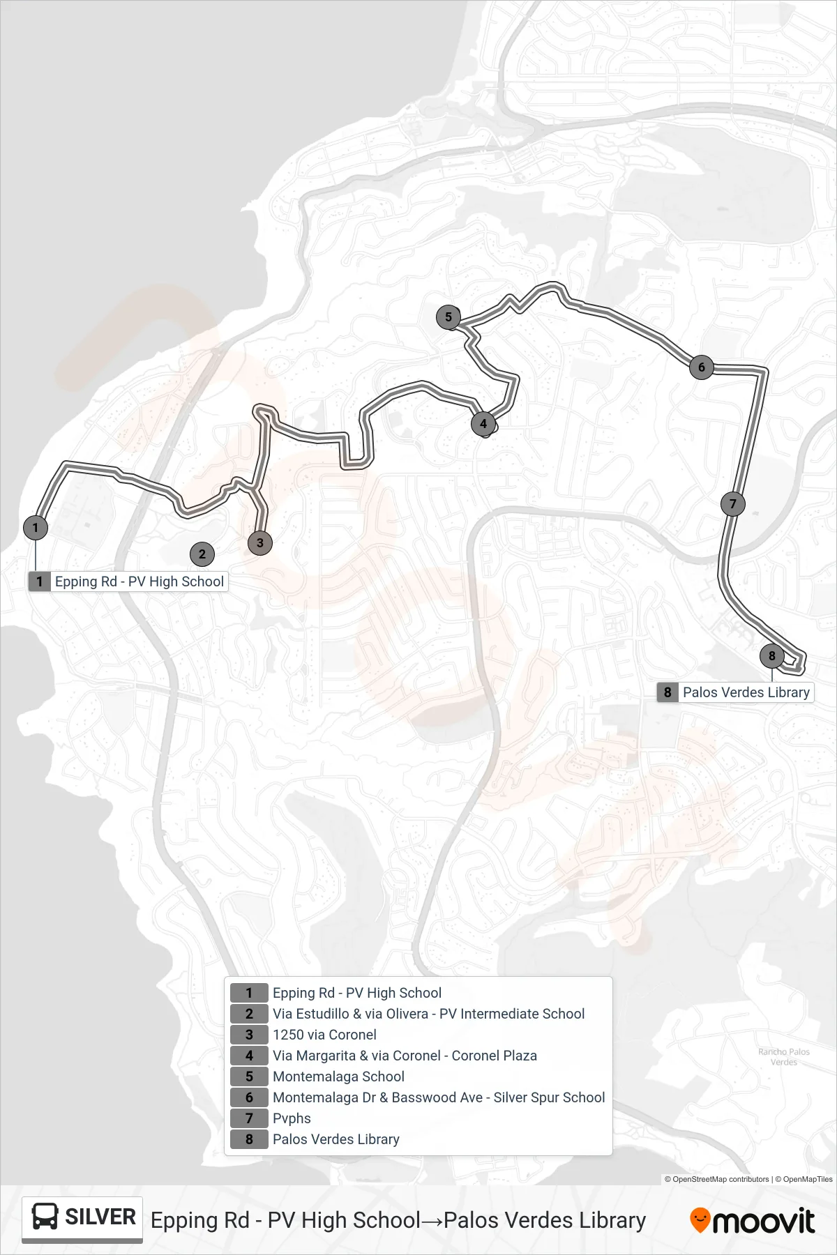 SILVER bus Line (Epping Rd - PV High School→Palos Verdes Library) route and stops on a map