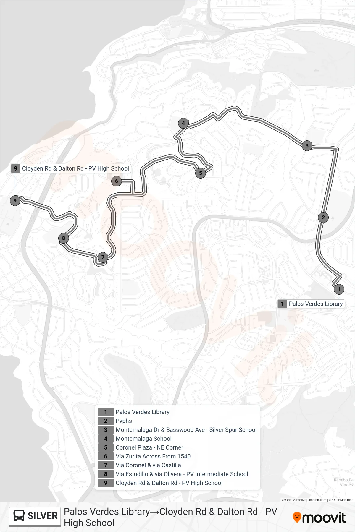 SILVER bus Line (Palos Verdes Library→Cloyden Rd & Dalton Rd - PV High School) route and stops on a map