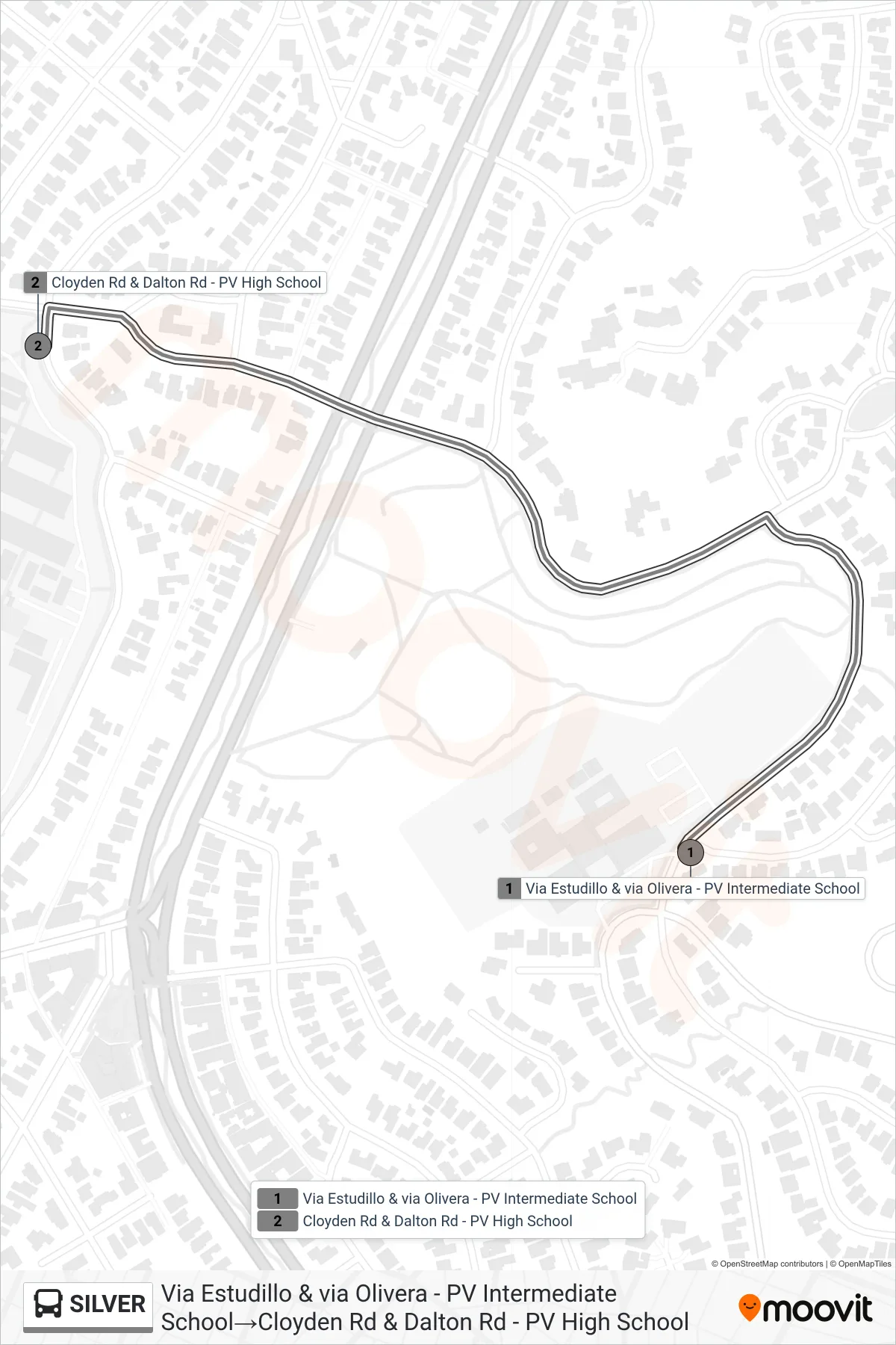 SILVER bus Line (Via Estudillo & via Olivera - PV Intermediate School‎→Cloyden Rd & Dalton Rd - PV High School) route and stops on a map