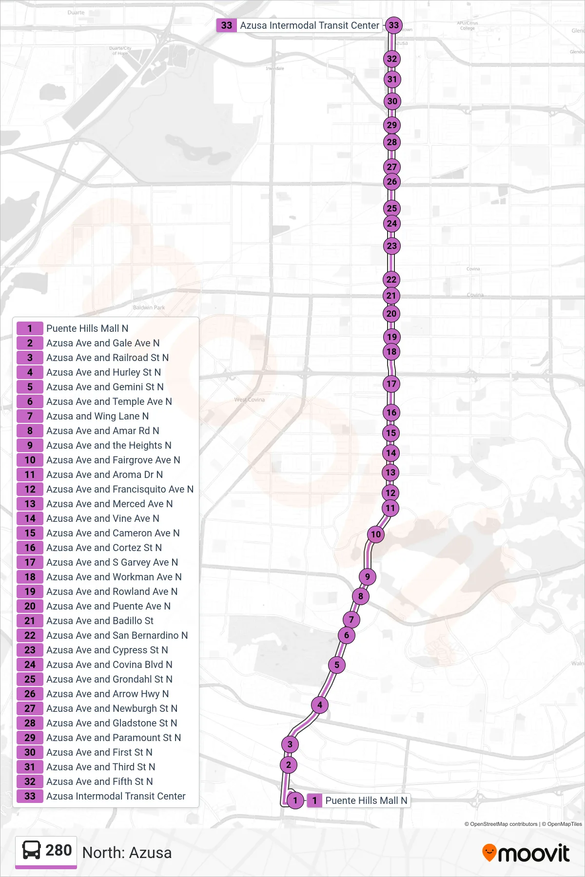 Roat Map Route Map - 280 - North: Azusa - Stops