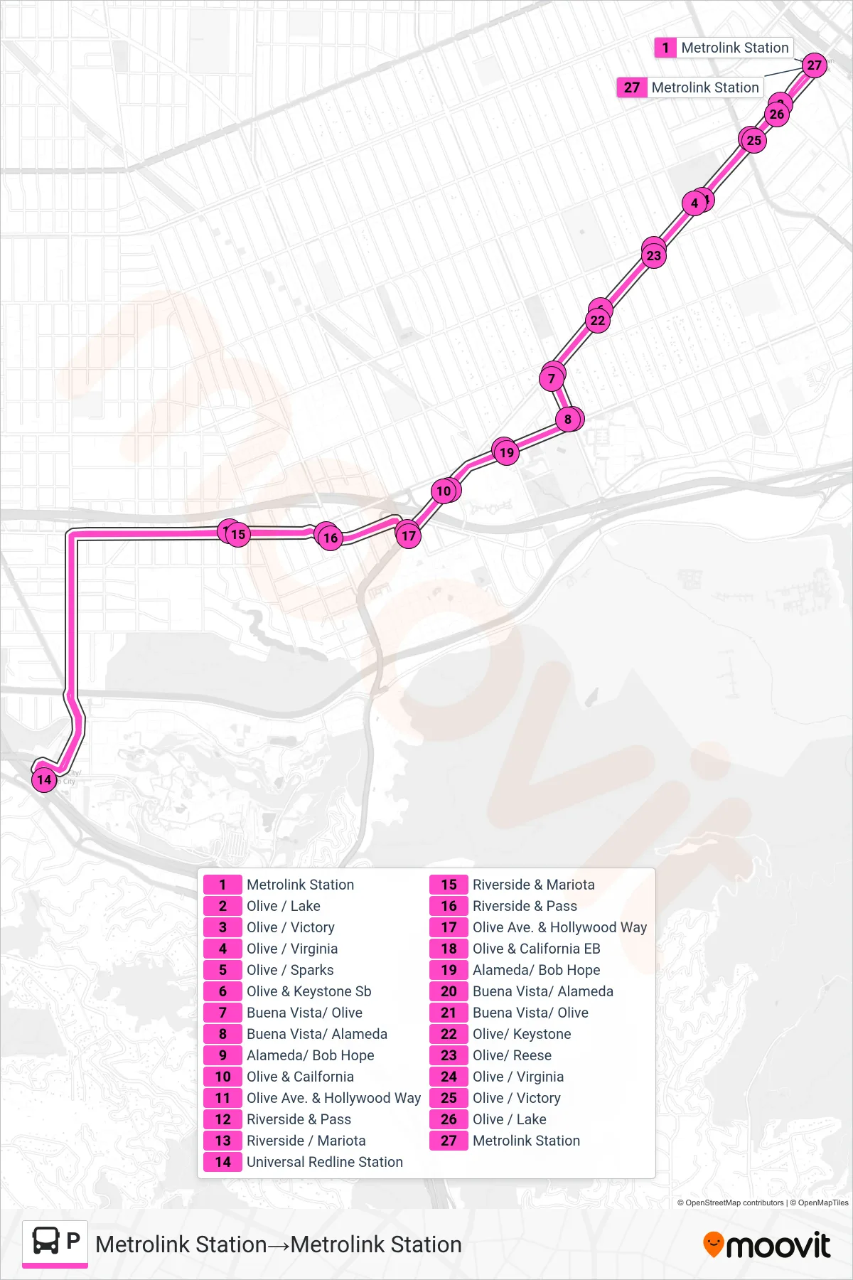 P bus Line (Metrolink Station→Metrolink Station) route and stops on a map