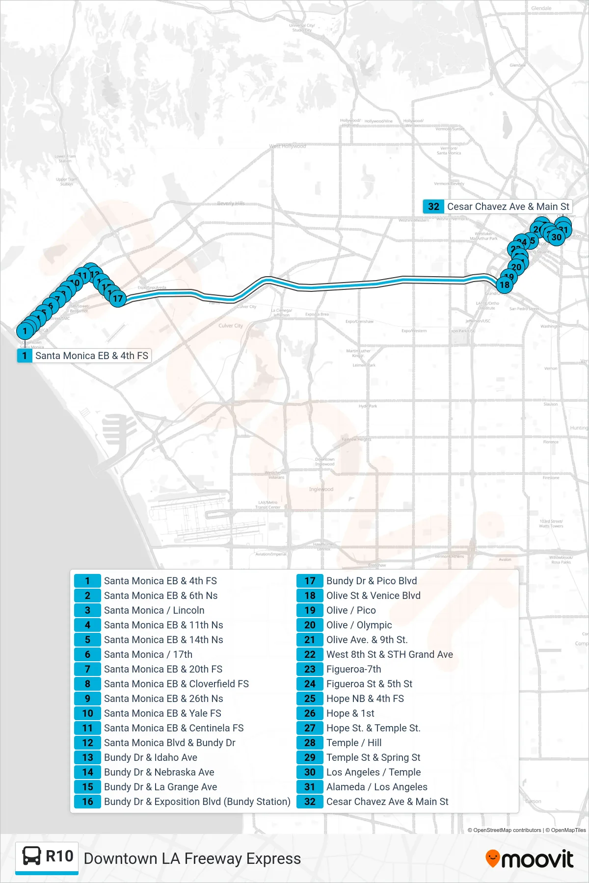 Roat Map Route Map - R10 - Downtown Los Angeles - Stops
