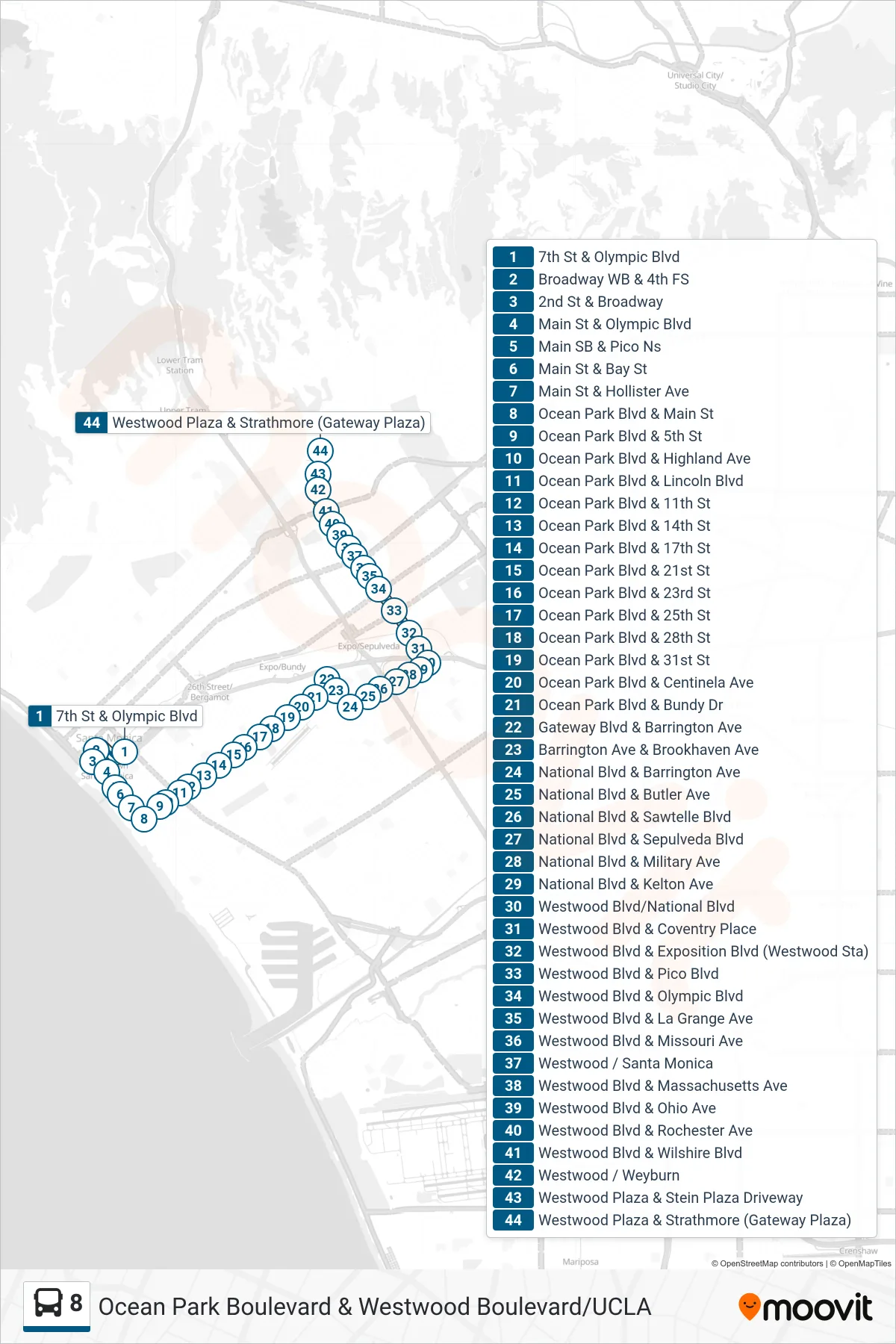 Roat Map Route Map - 8 - UCLA - Stops
