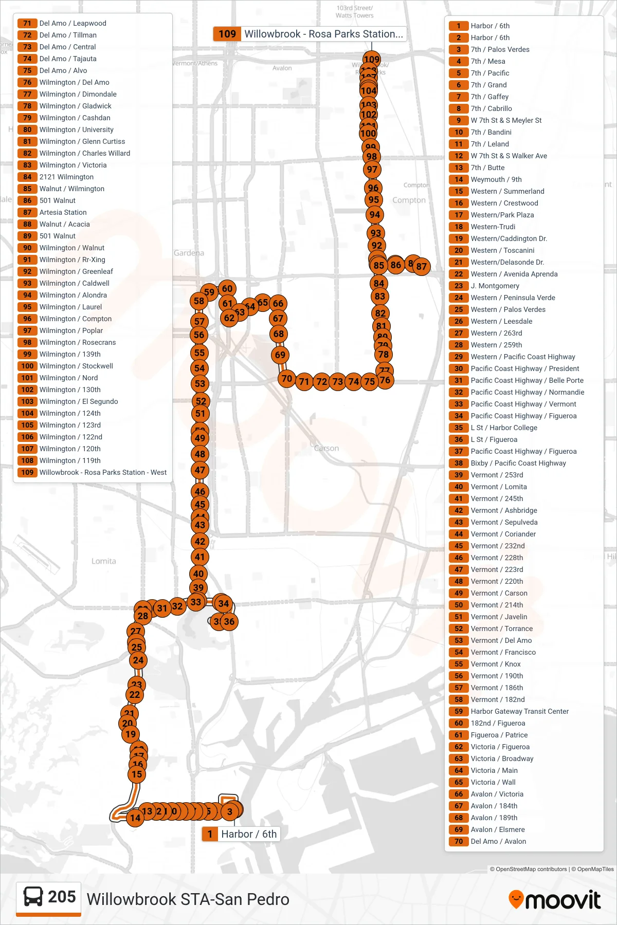 Roat Map Route Map - 205 - Willowbrook / Rosa Parks Station - Stops