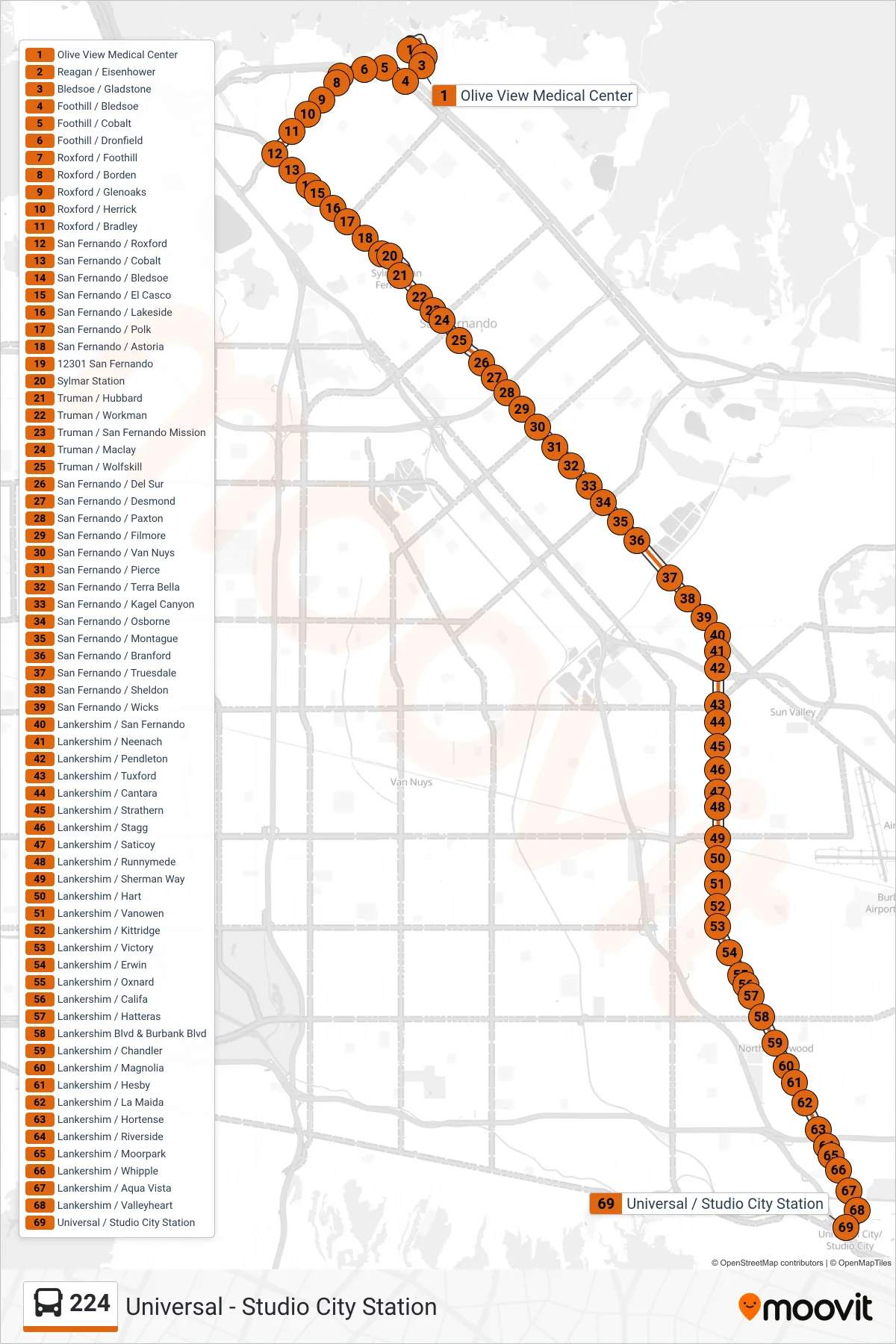 Roat Map Route Map - 224 - Universal - Studio City Station - Stops