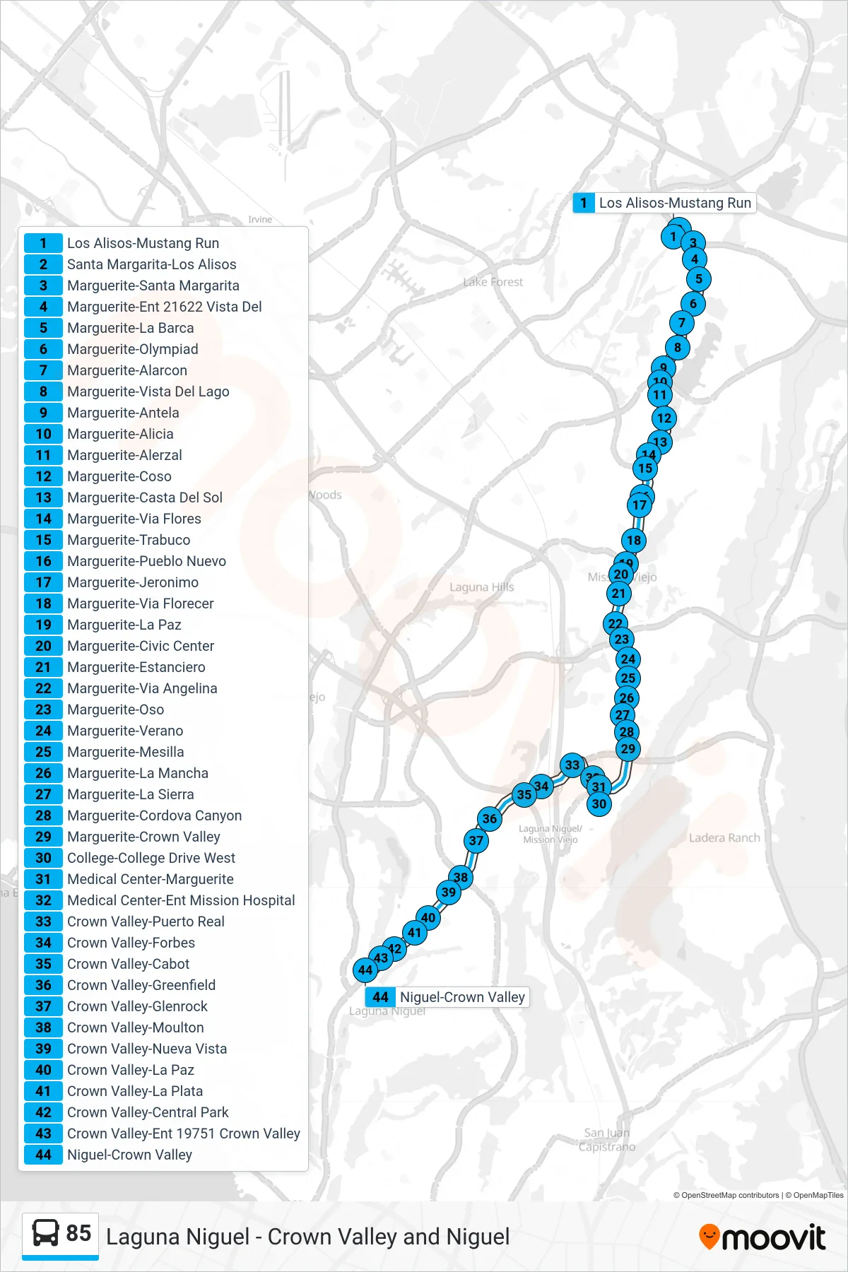 85 bus Line (Laguna Niguel - Crown Valley and Niguel) route and stops on a map
