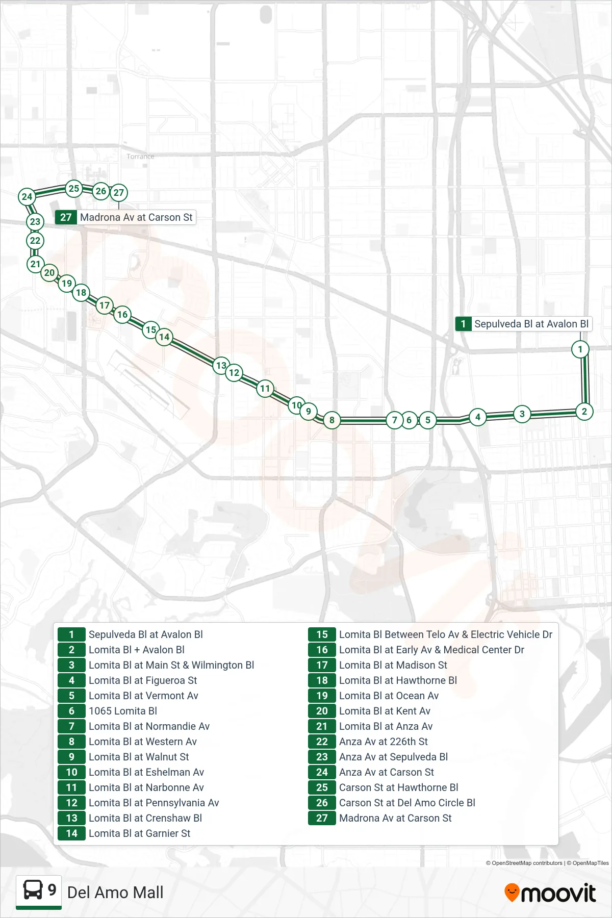 9 bus Line (Del Amo Mall) route and stops on a map