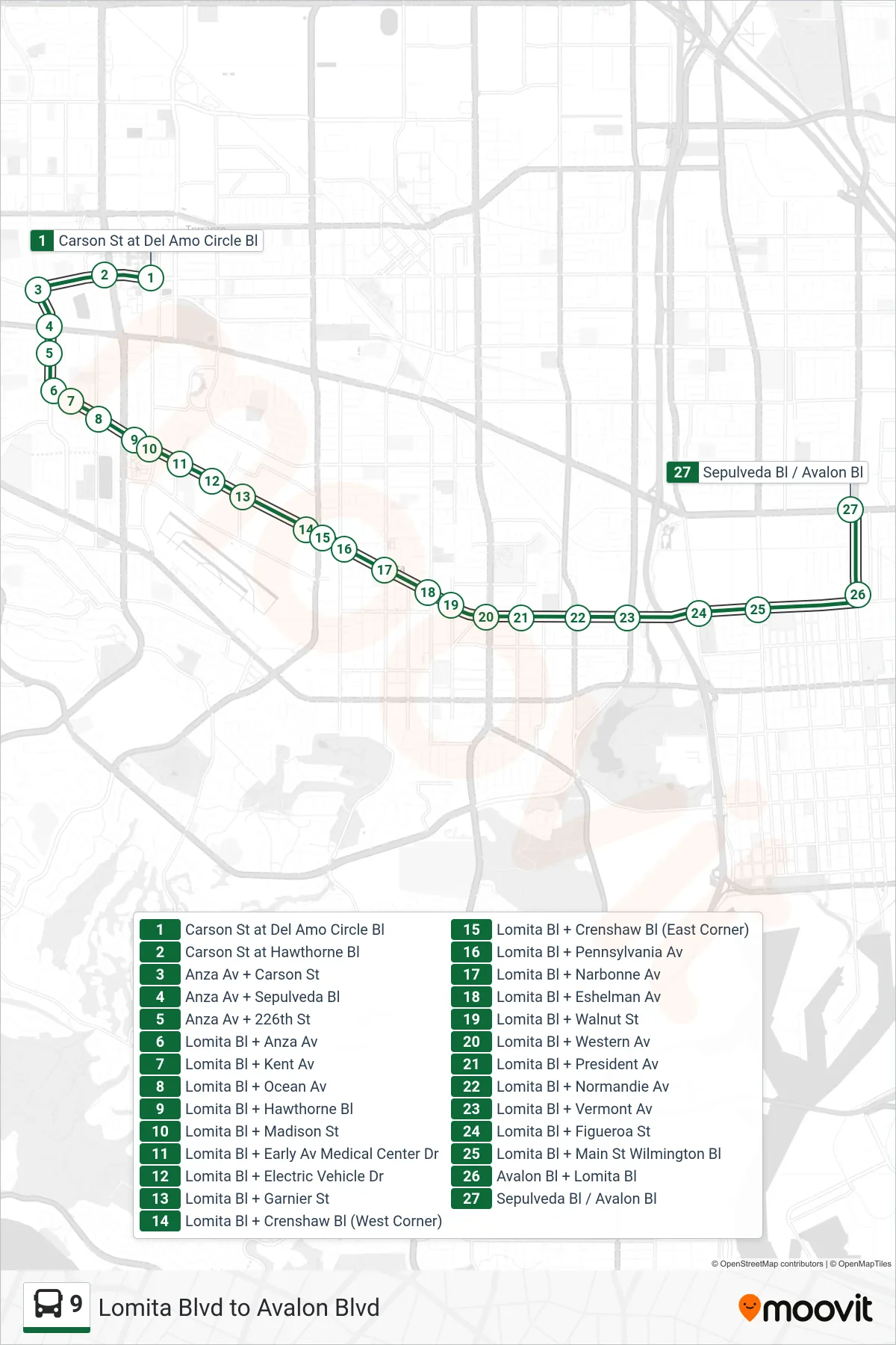 9 bus Line (Lomita Blvd to Avalon Blvd) route and stops on a map