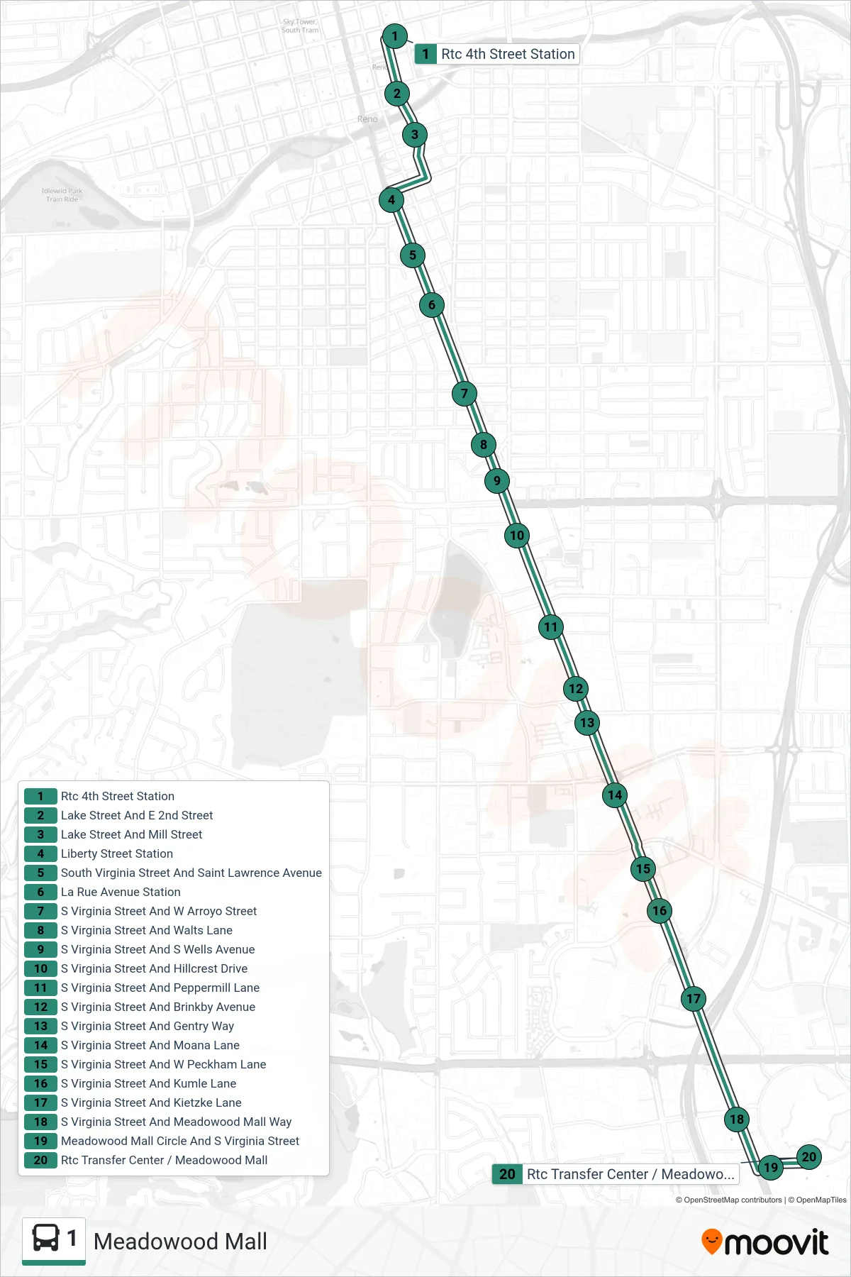 1 bus Line (Meadowood Mall) route and stops on a map