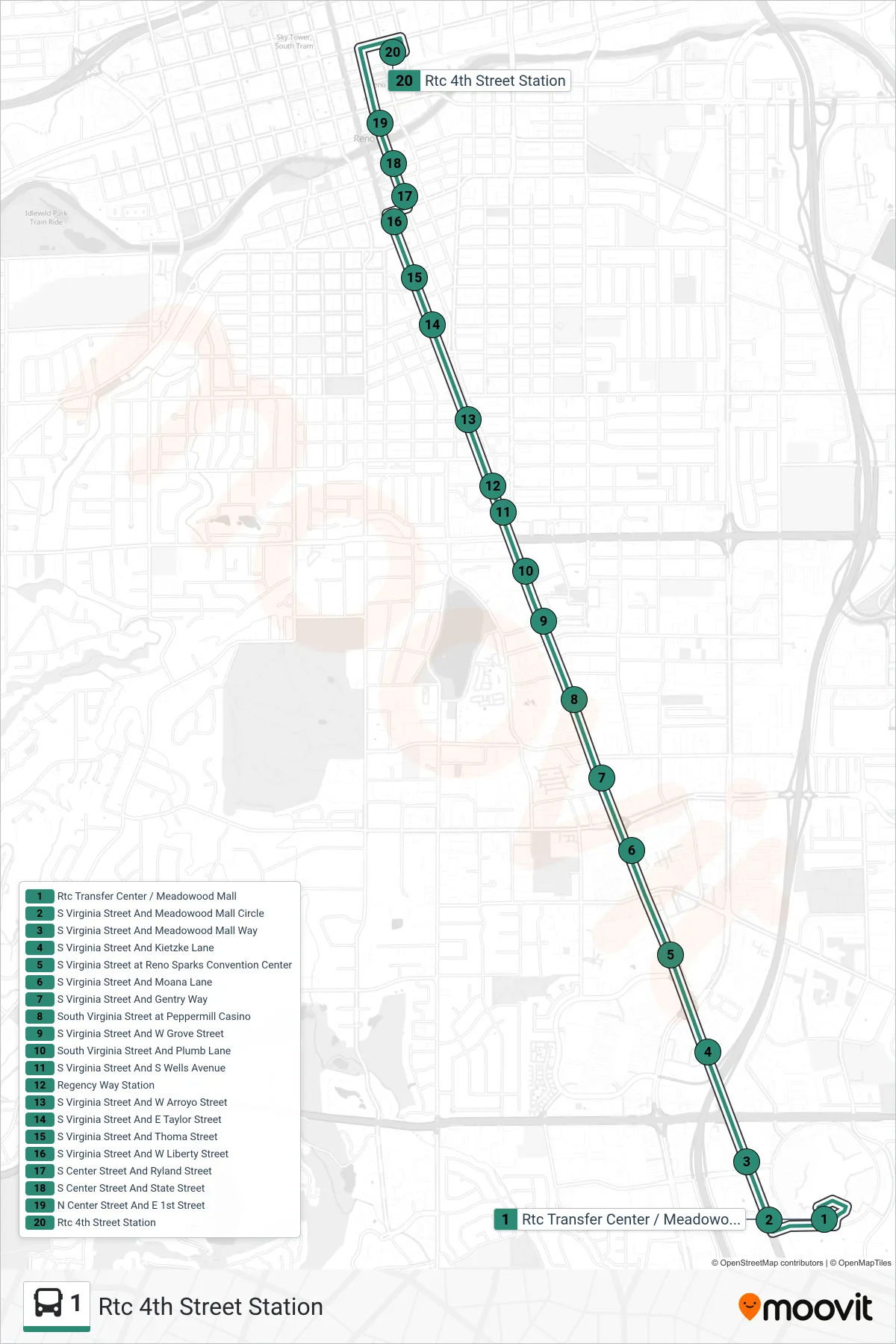 1 bus Line (Rtc 4th Street Station) route and stops on a map