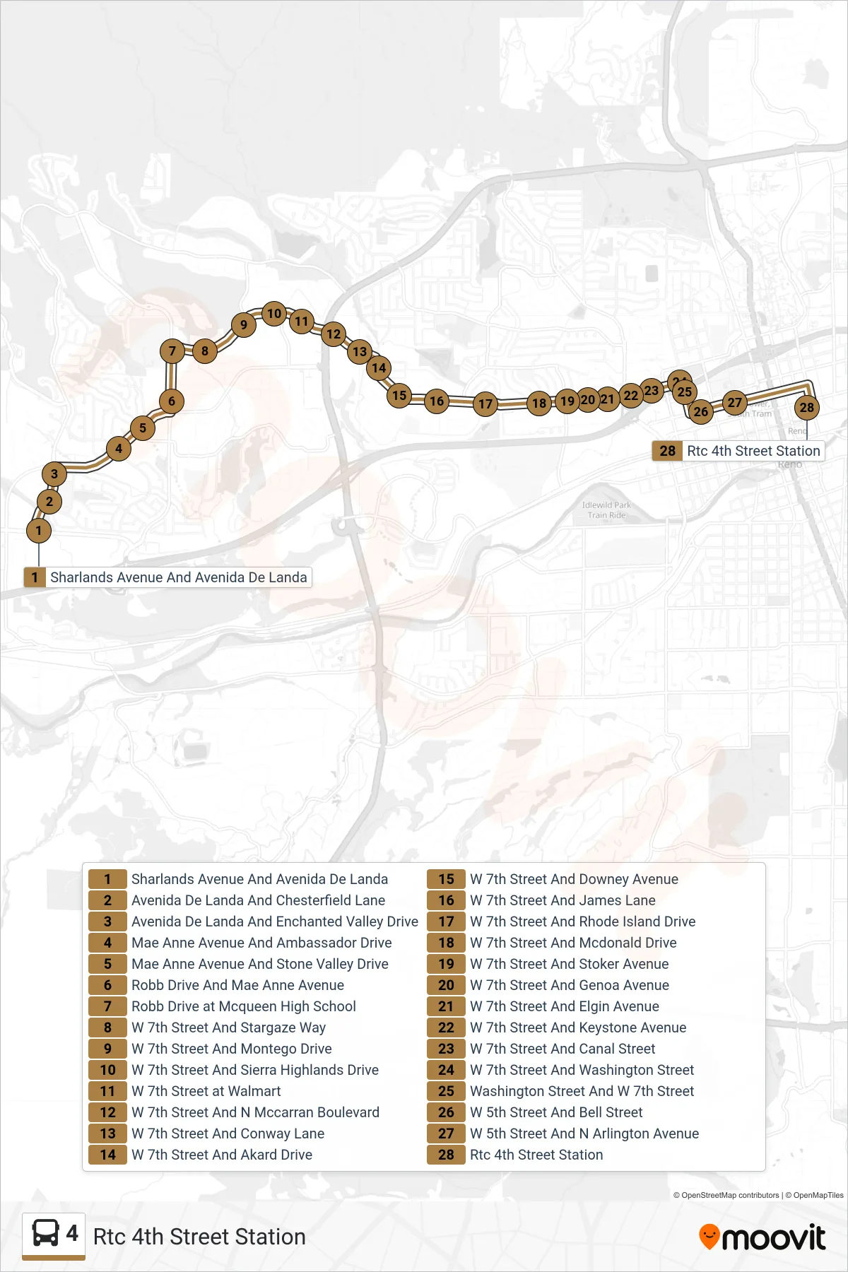 4 bus Line (Rtc 4th Street Station) route and stops on a map