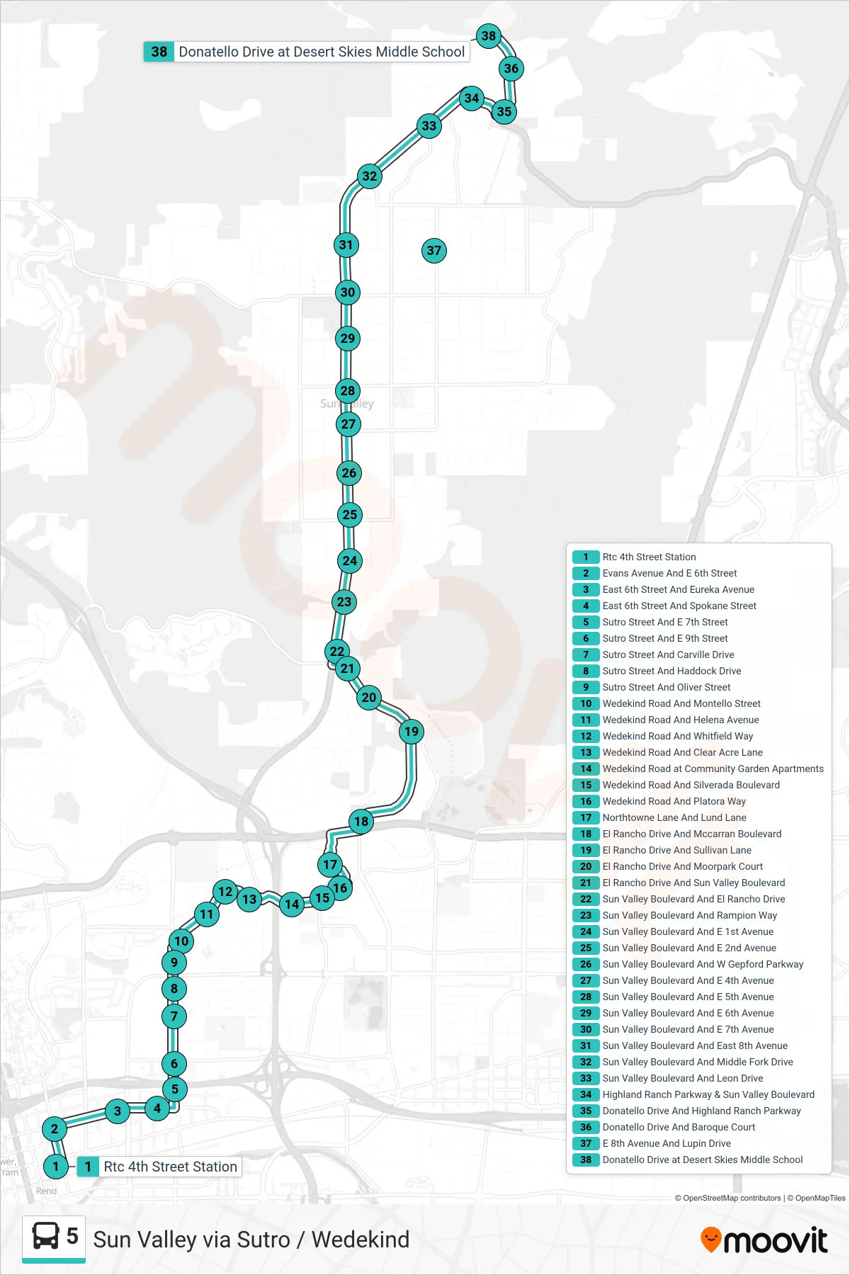 5 bus Line (Sun Valley Boulevard / Desert Skies Middle School) route and stops on a map