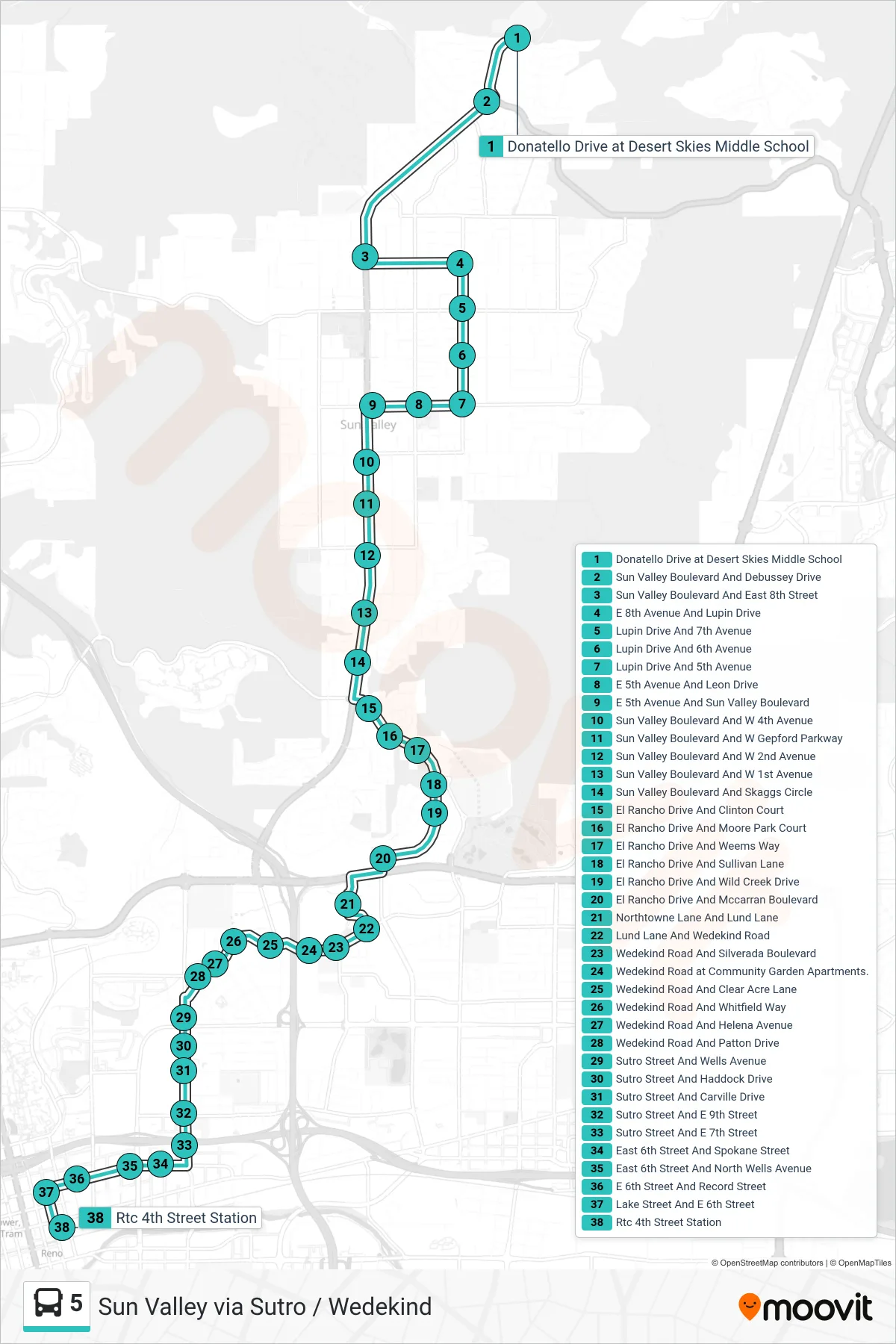 5 bus Line (Rtc 4th Street Station) route and stops on a map