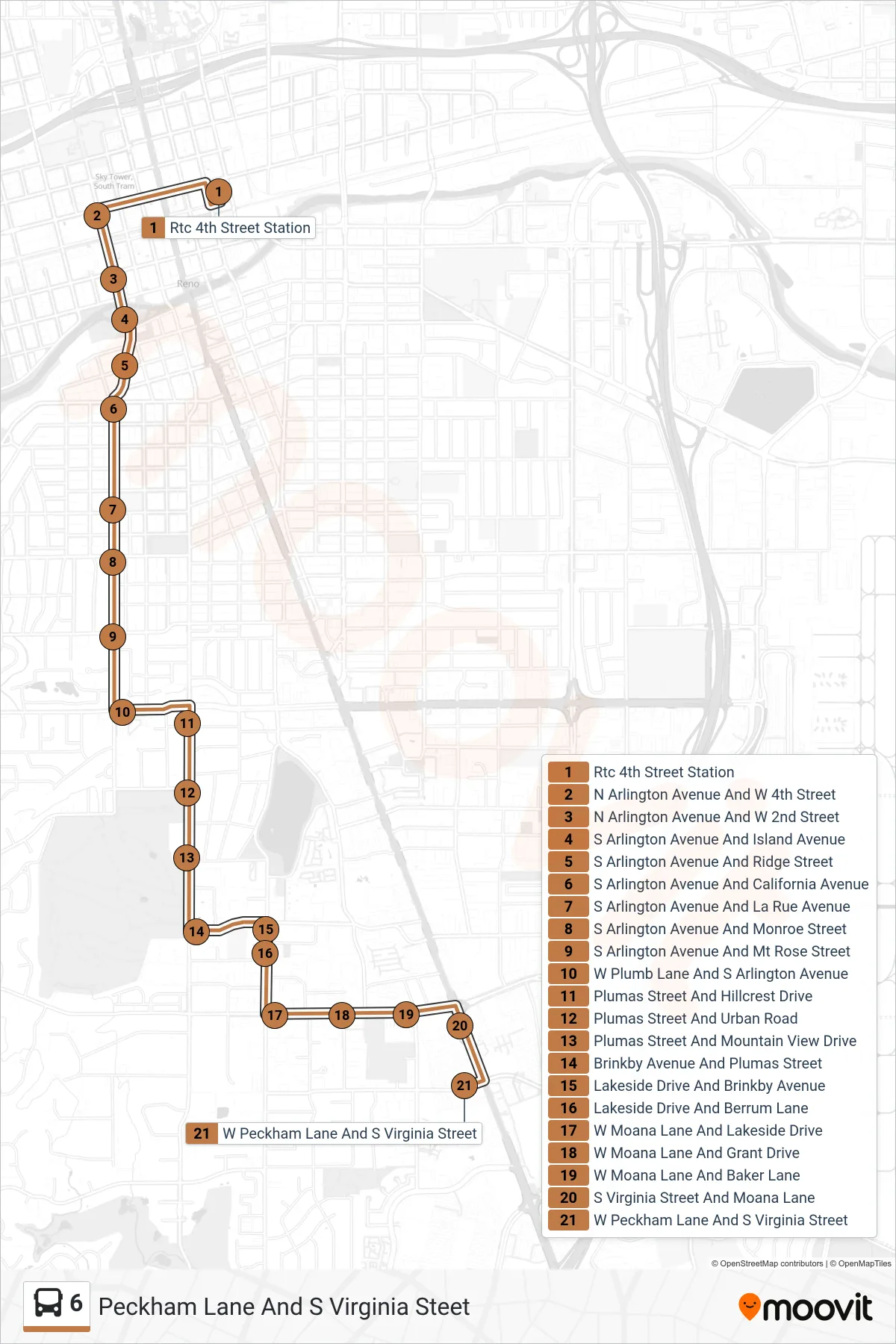 6 bus Line (Peckham Lane And S Virginia Steet) route and stops on a map