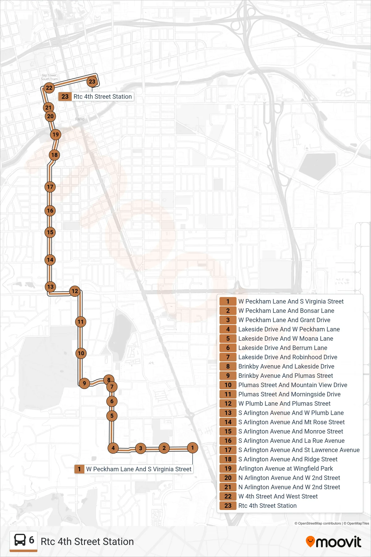 6 bus Line (Rtc 4th Street Station) route and stops on a map