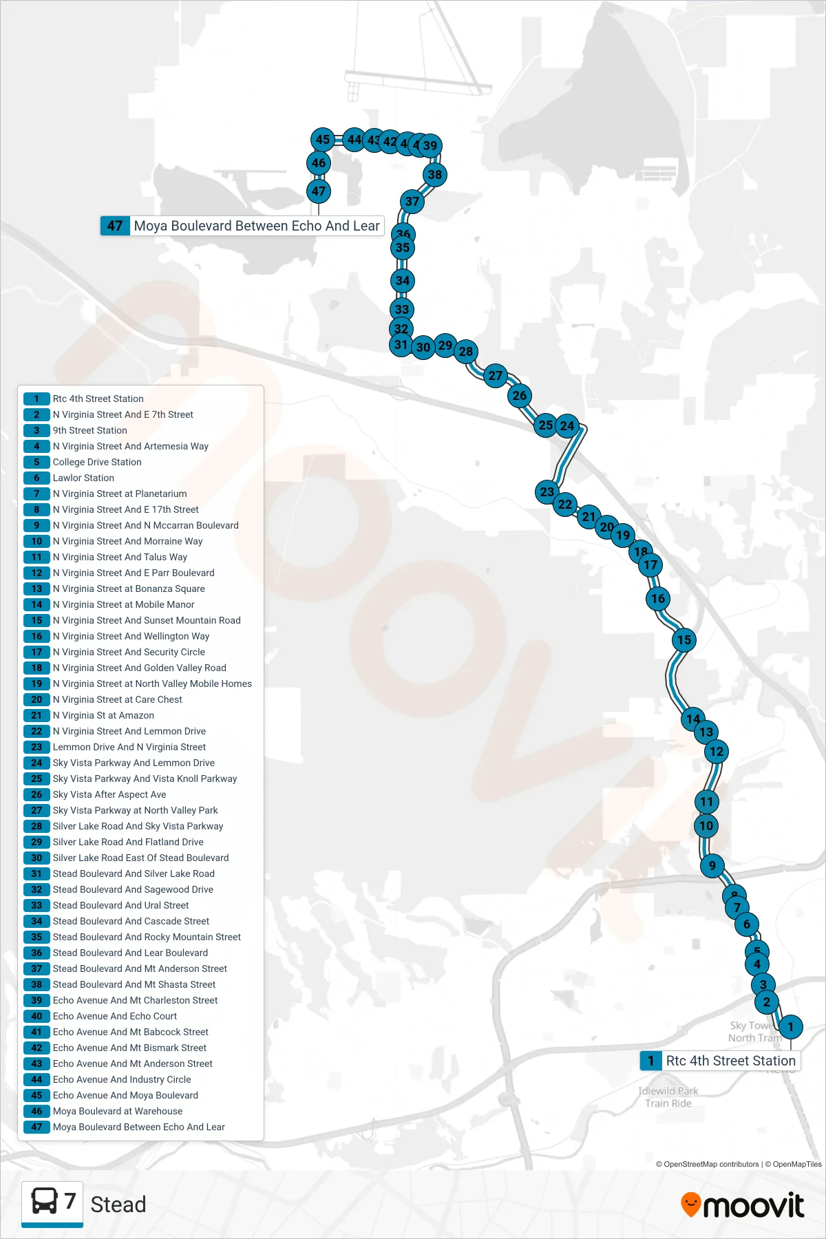 7 bus Line (Echo Avenue And Moya Boulevard) route and stops on a map