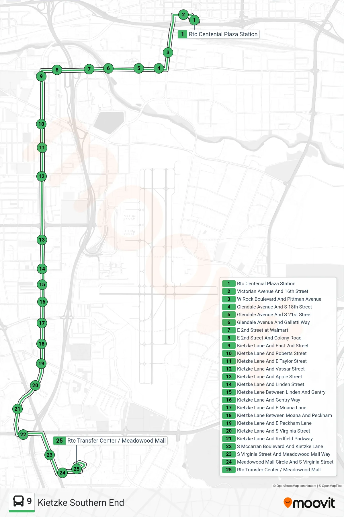 9 bus Line (Kietzke Southern End) route and stops on a map