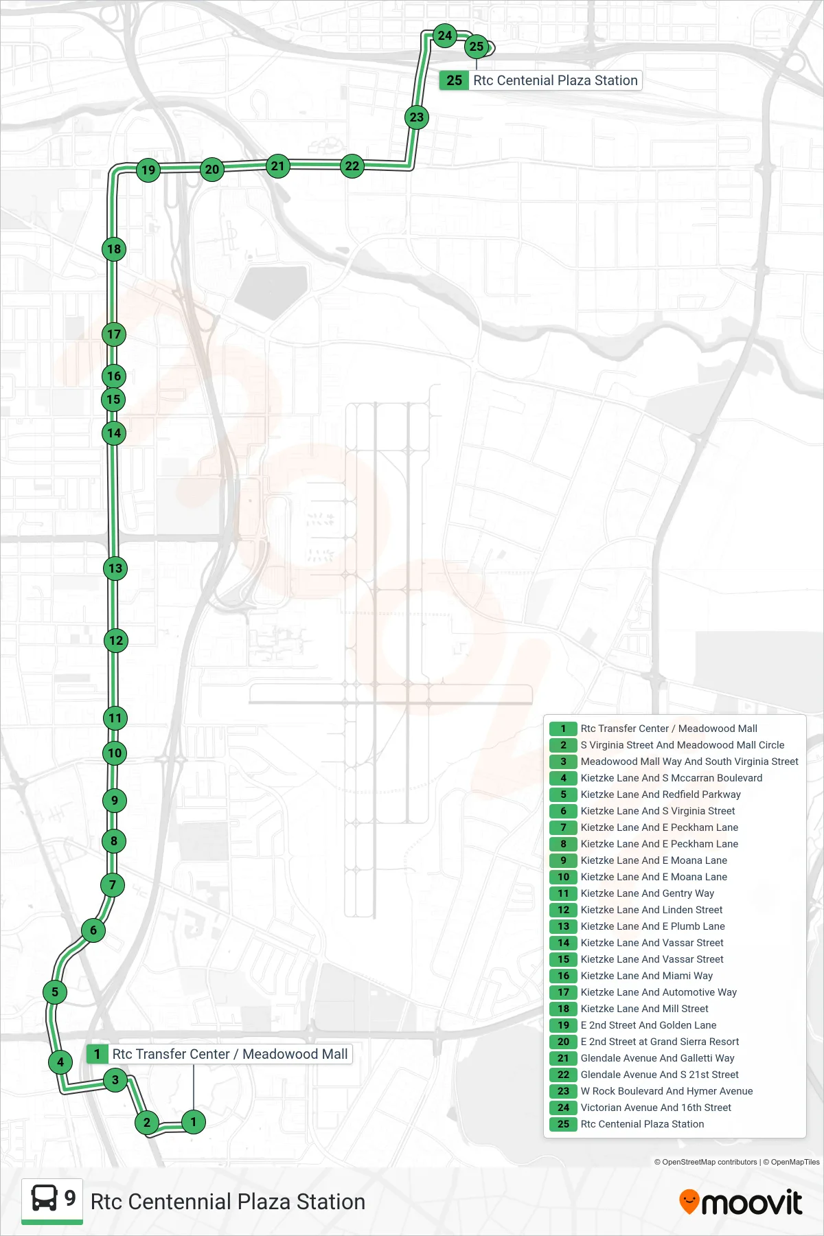 9 bus Line (Rtc Centennial Plaza Station) route and stops on a map