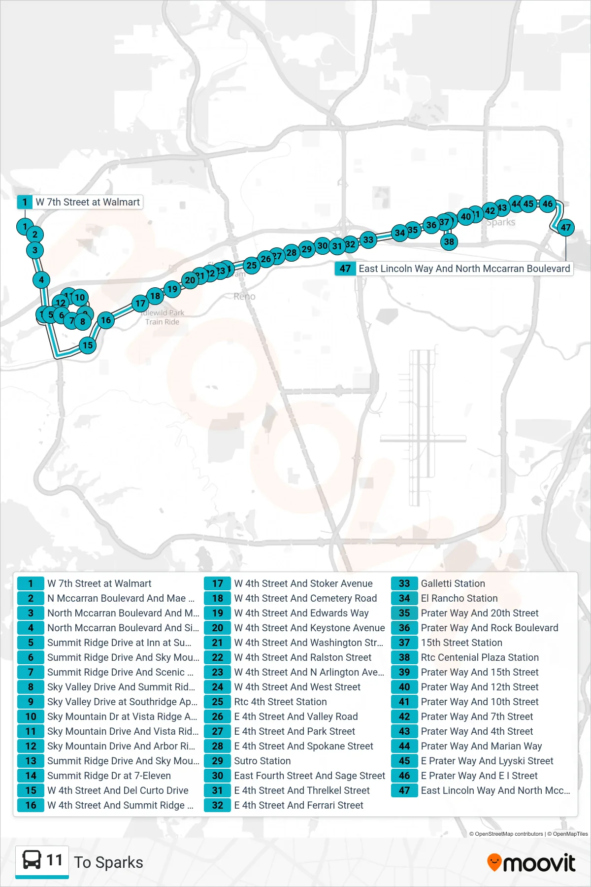 11 bus Line (To Sparks) route and stops on a map