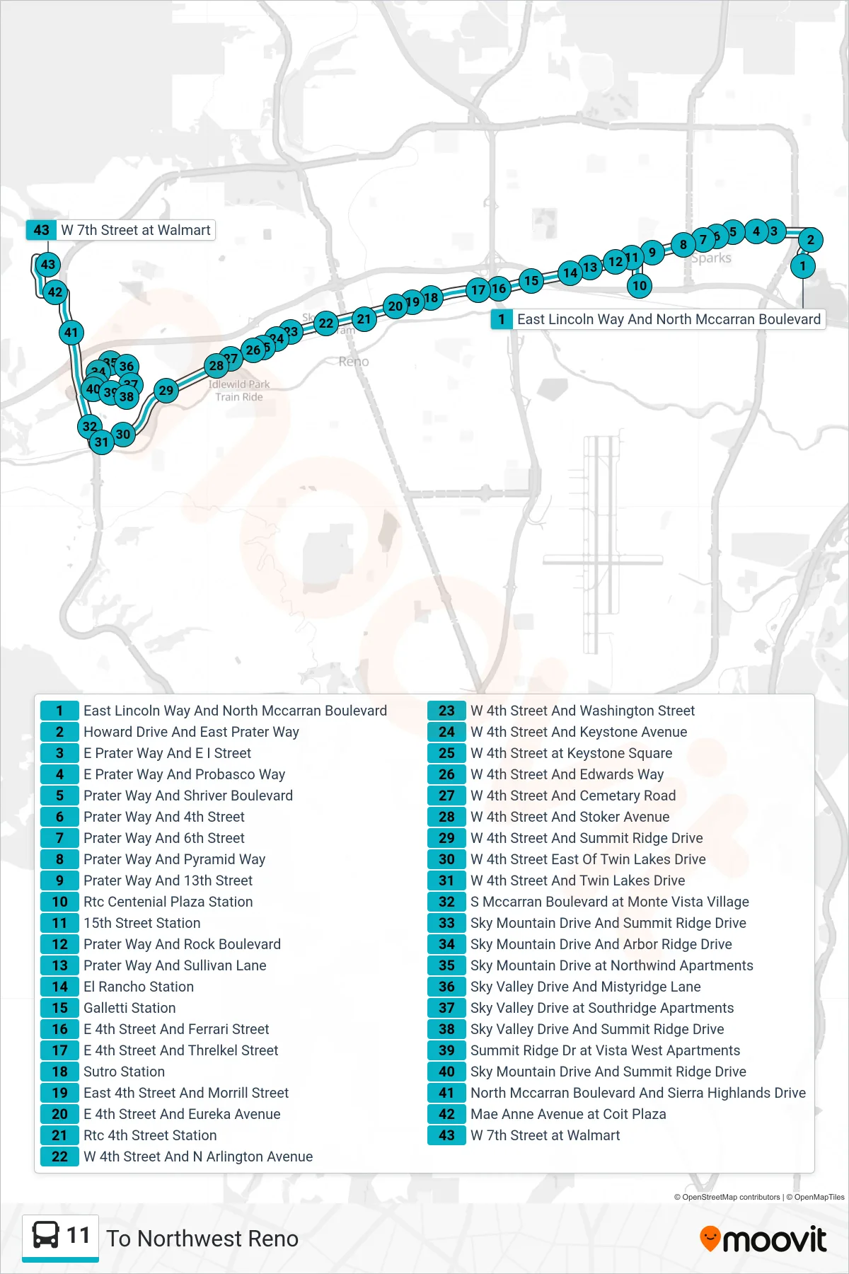 11 bus Line (To Northwest Reno) route and stops on a map