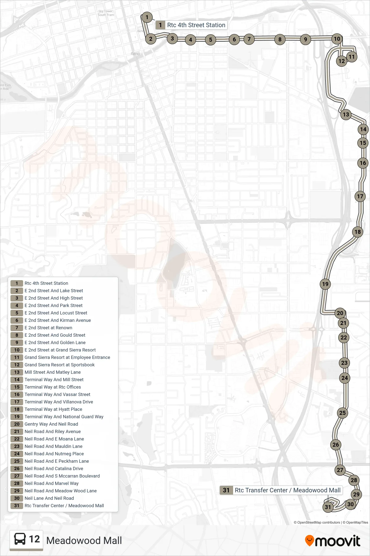 12 bus Line (Meadowood Mall) route and stops on a map