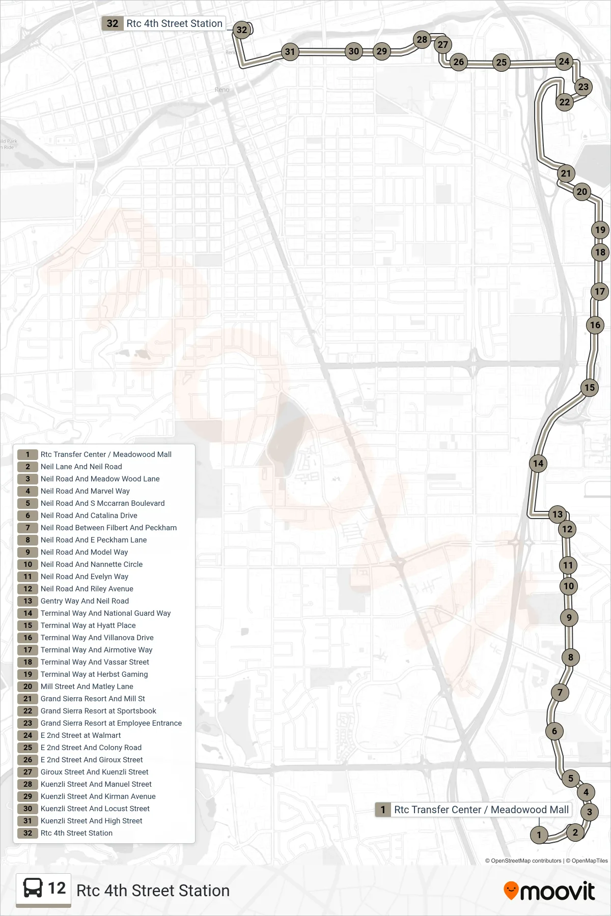 12 bus Line (Rtc 4th Street Station) route and stops on a map