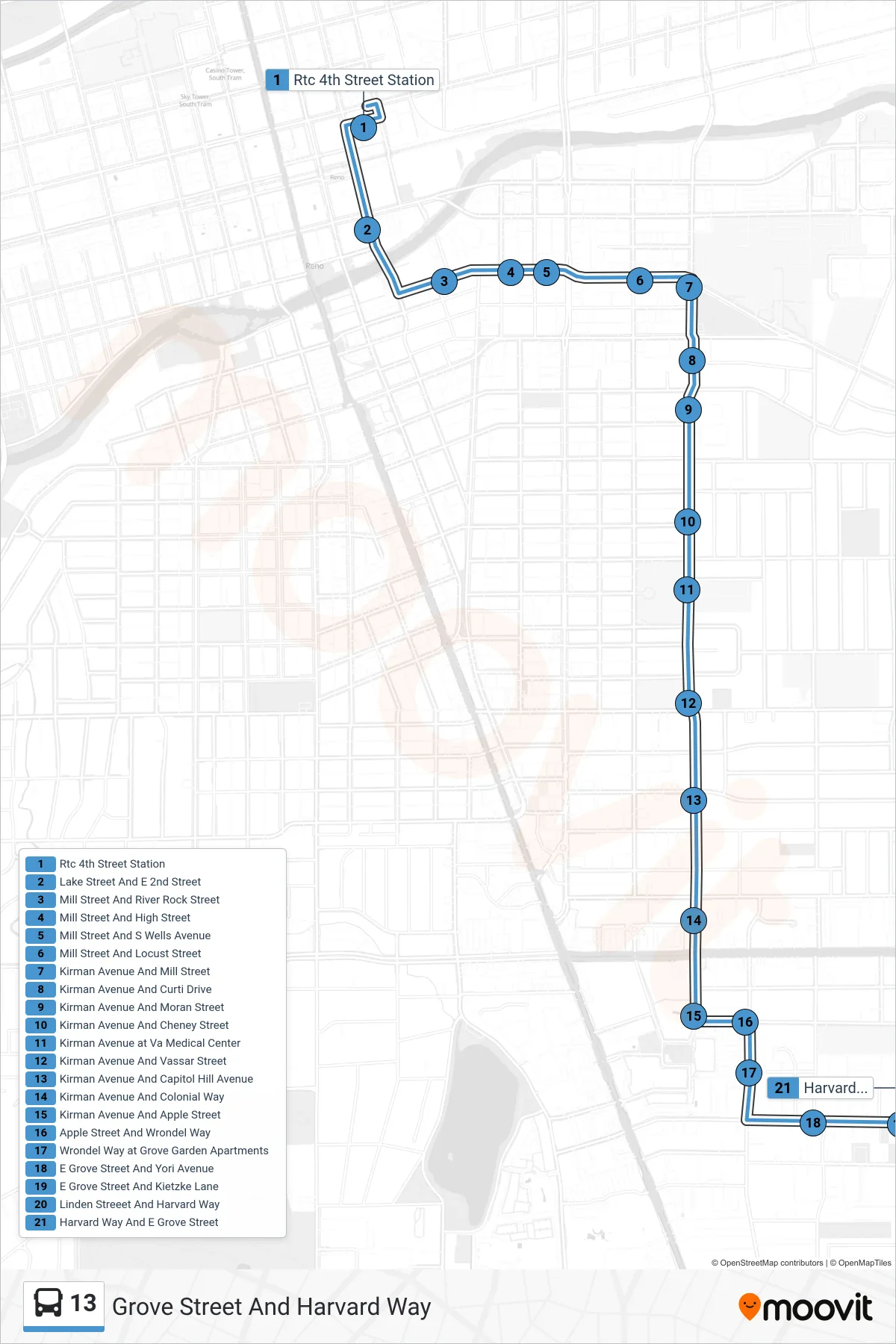 13 bus Line (Grove Street And Harvard Way) route and stops on a map