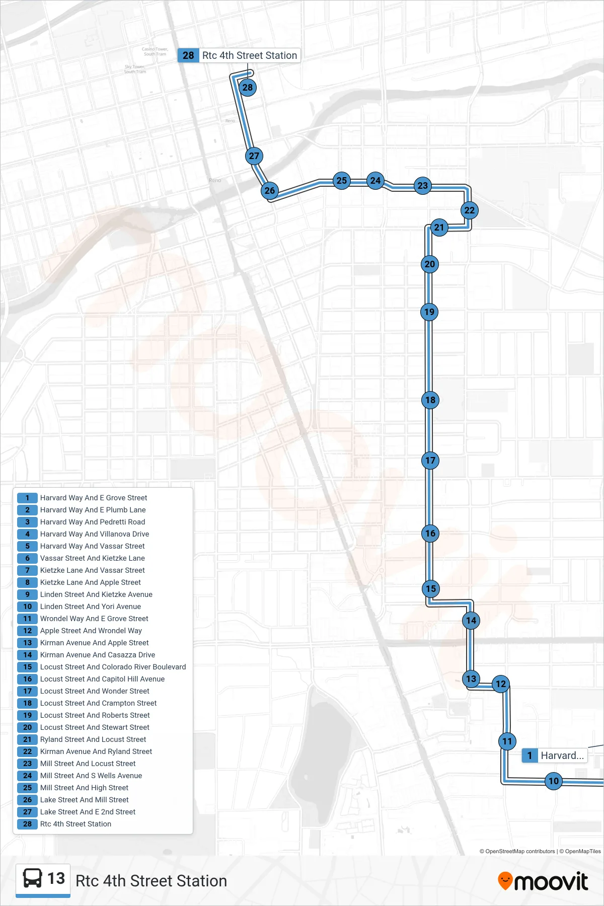 13 bus Line (Rtc 4th Street Station) route and stops on a map