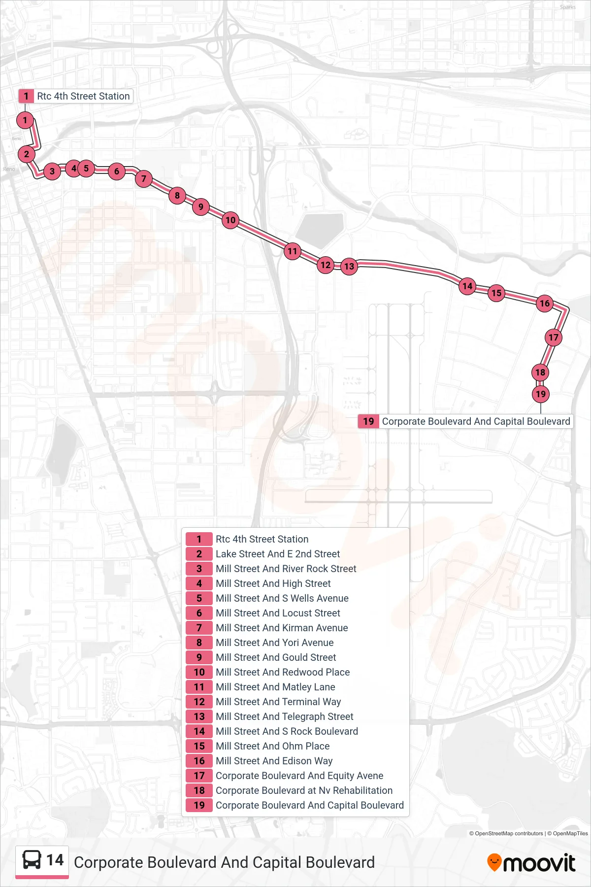 14 bus Line (Corporate Boulevard And Capital Boulevard) route and stops on a map