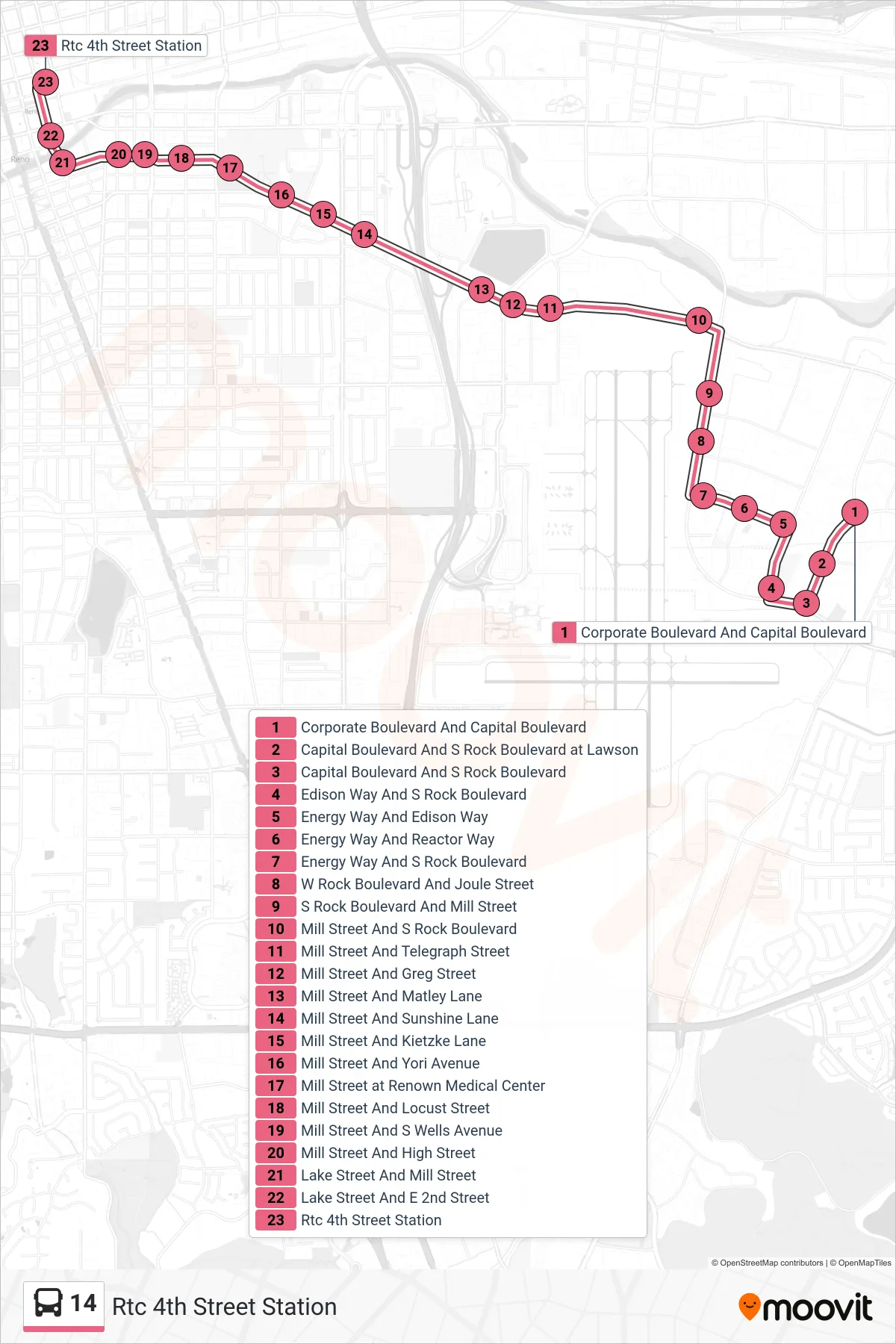 14 bus Line (Rtc 4th Street Station) route and stops on a map