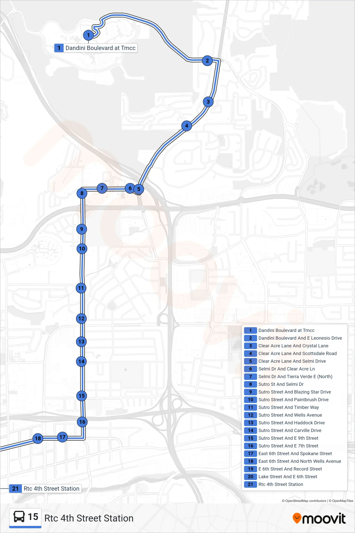 15 bus Line (Rtc 4th Street Station) route and stops on a map