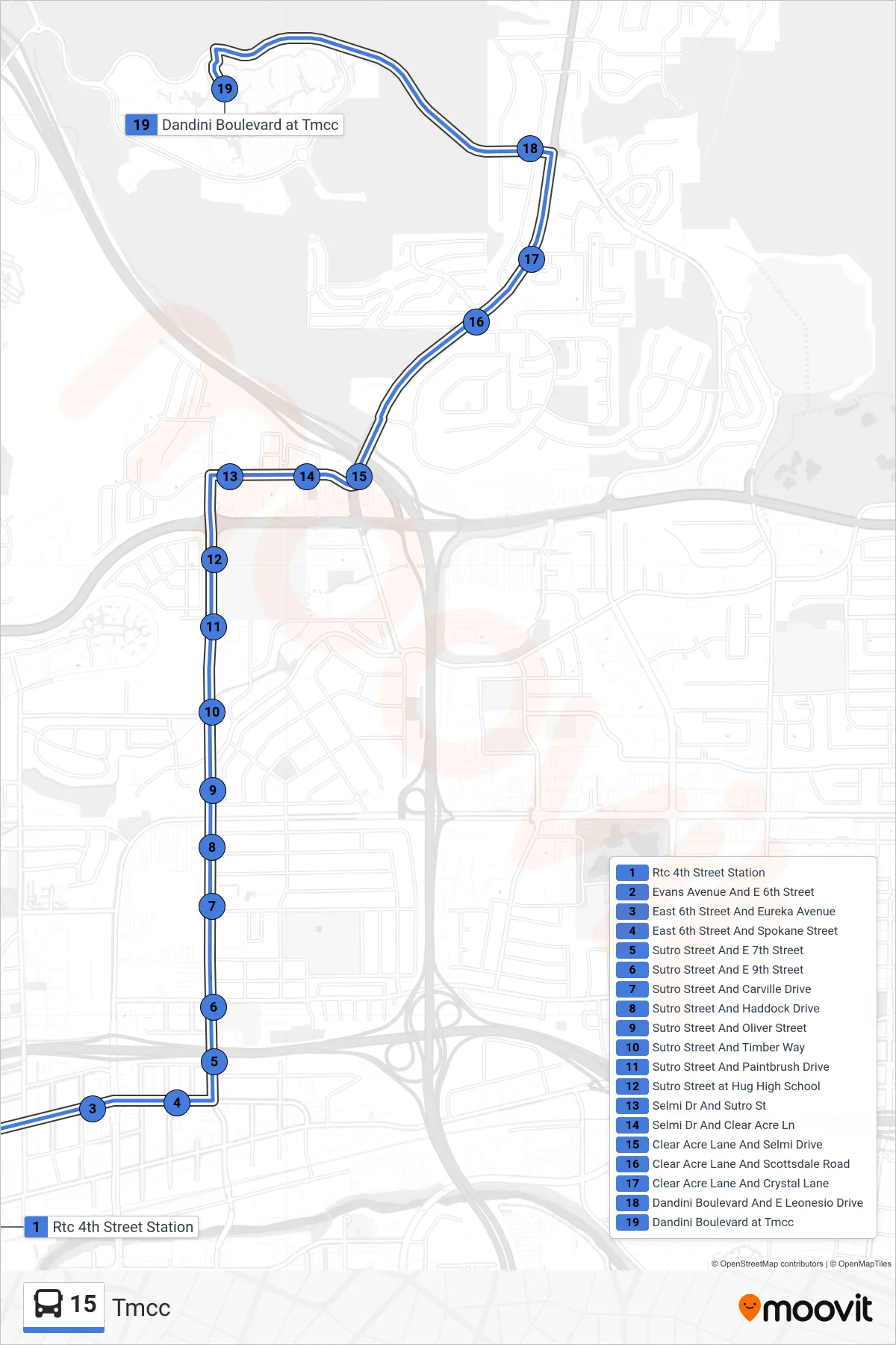 15 bus Line (Tmcc) route and stops on a map