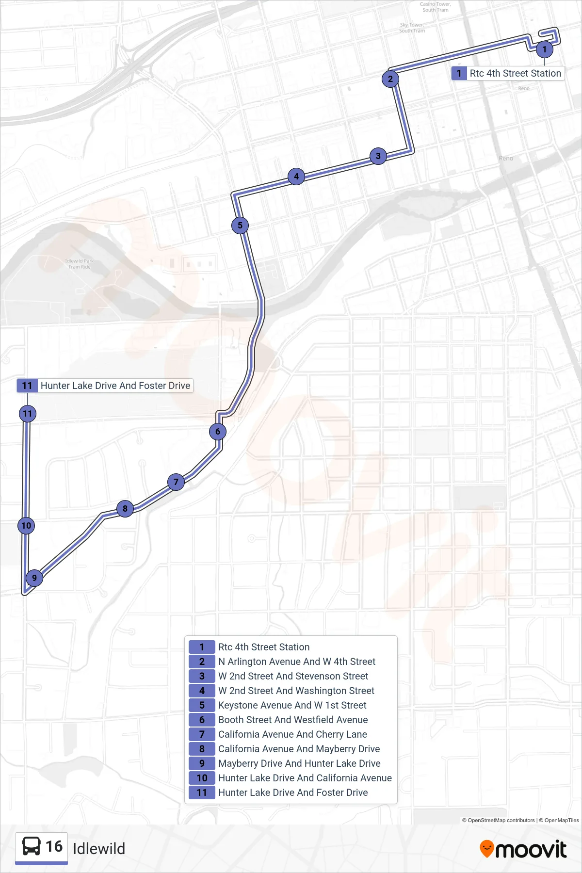 16 bus Line (Mayberry Drive And Hunter Lake Drive) route and stops on a map