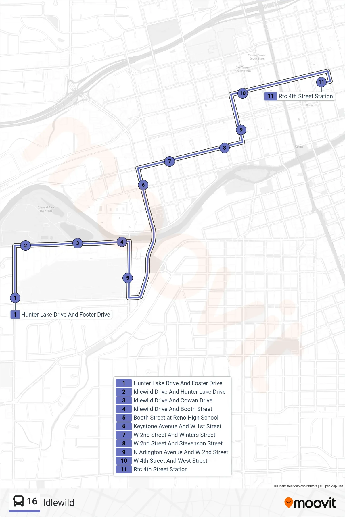 16 bus Line (Rtc 4th Street Station) route and stops on a map