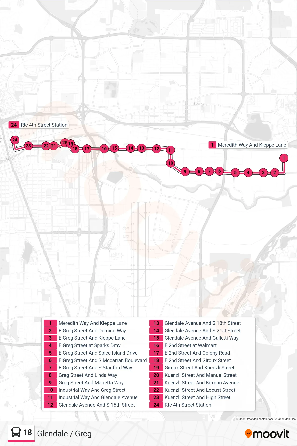 18 bus Line (Rtc 4th Street Station) route and stops on a map