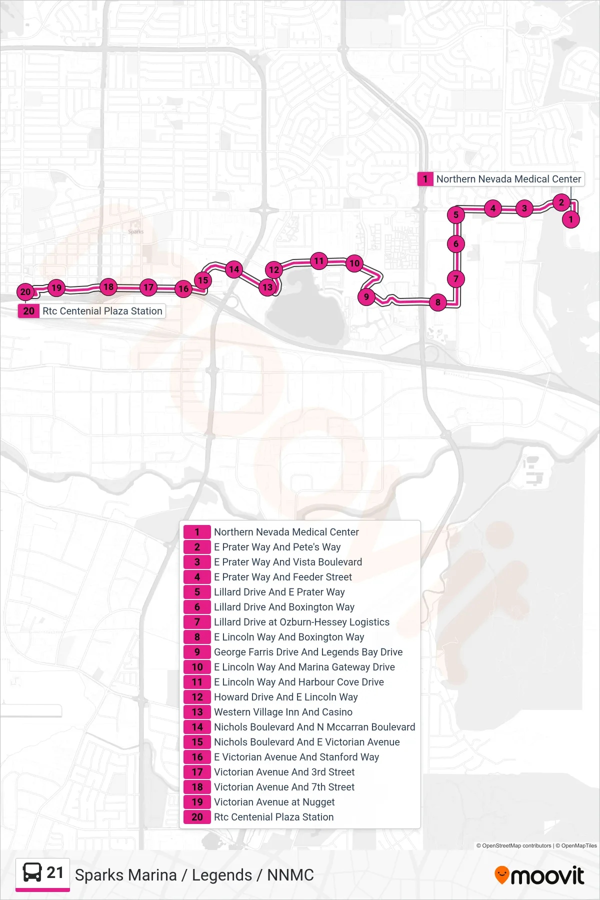 21 bus Line (Rtc Centennial Plaza Station) route and stops on a map