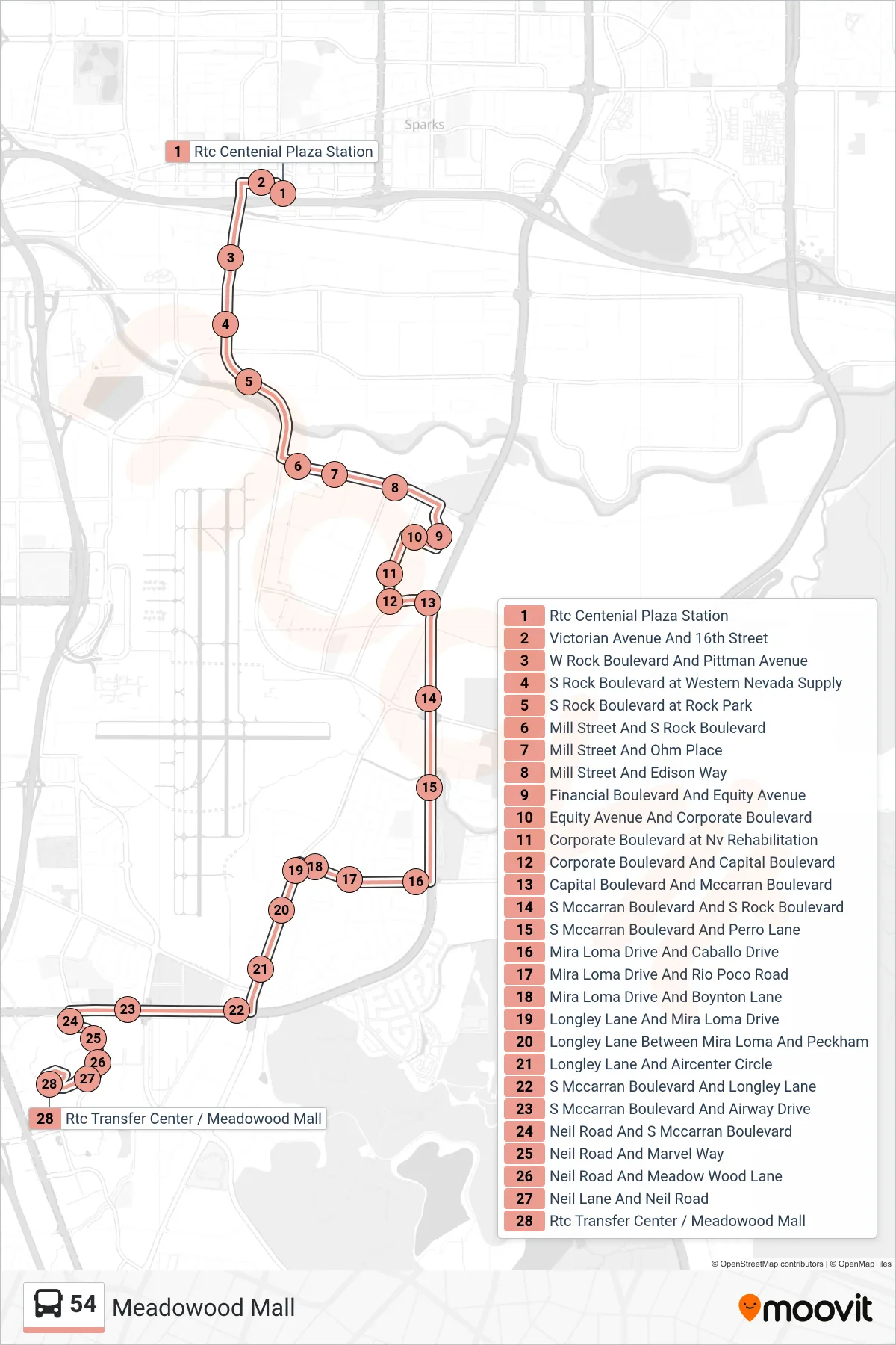 54 bus Line (Meadowood Mall) route and stops on a map